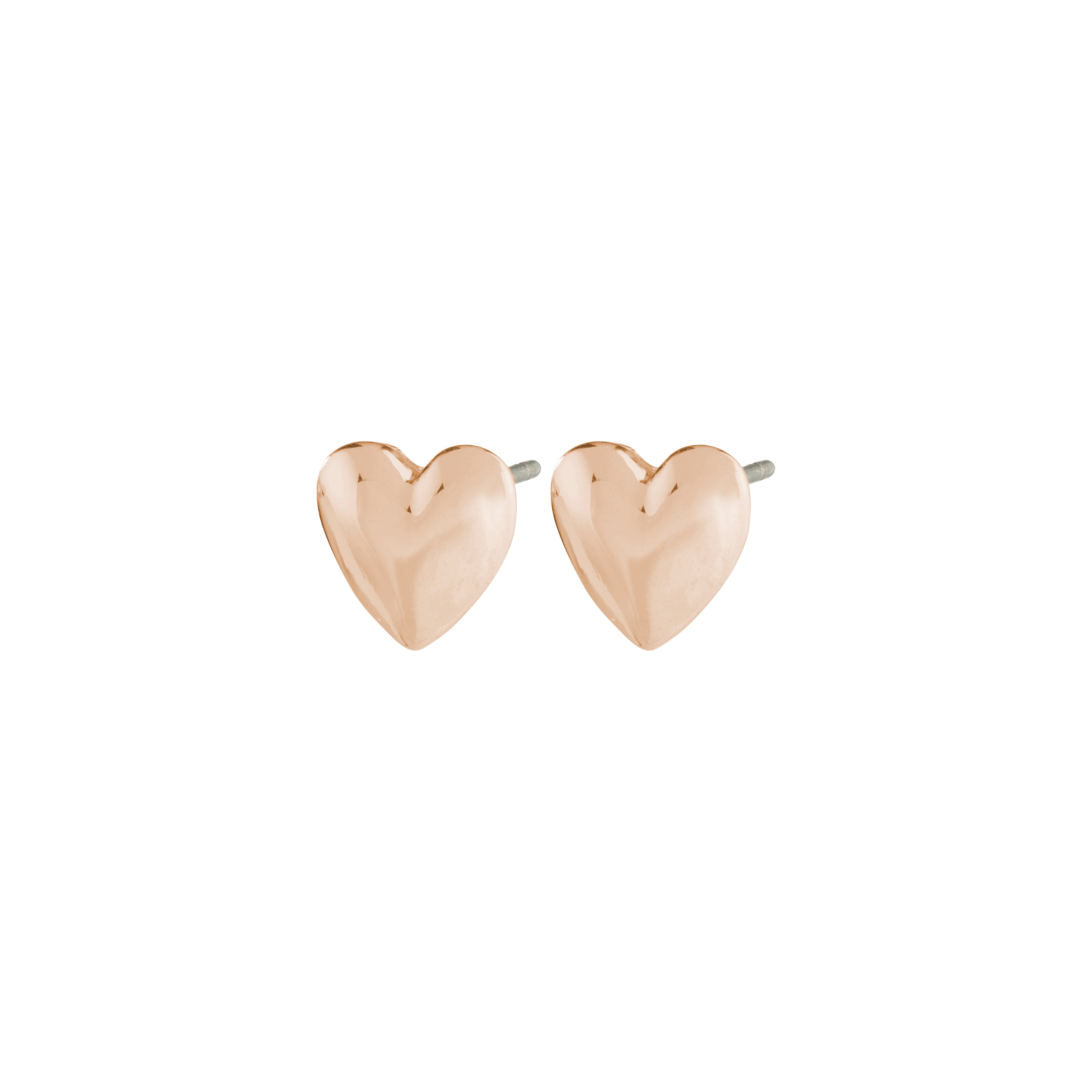 SOPHIA earrings rosegold-plated, heart-shaped, showcasing glossy finish and gentle curves, embodying Scandinavian sophistication and romance from Pilgrim's recycled jewelry collection.