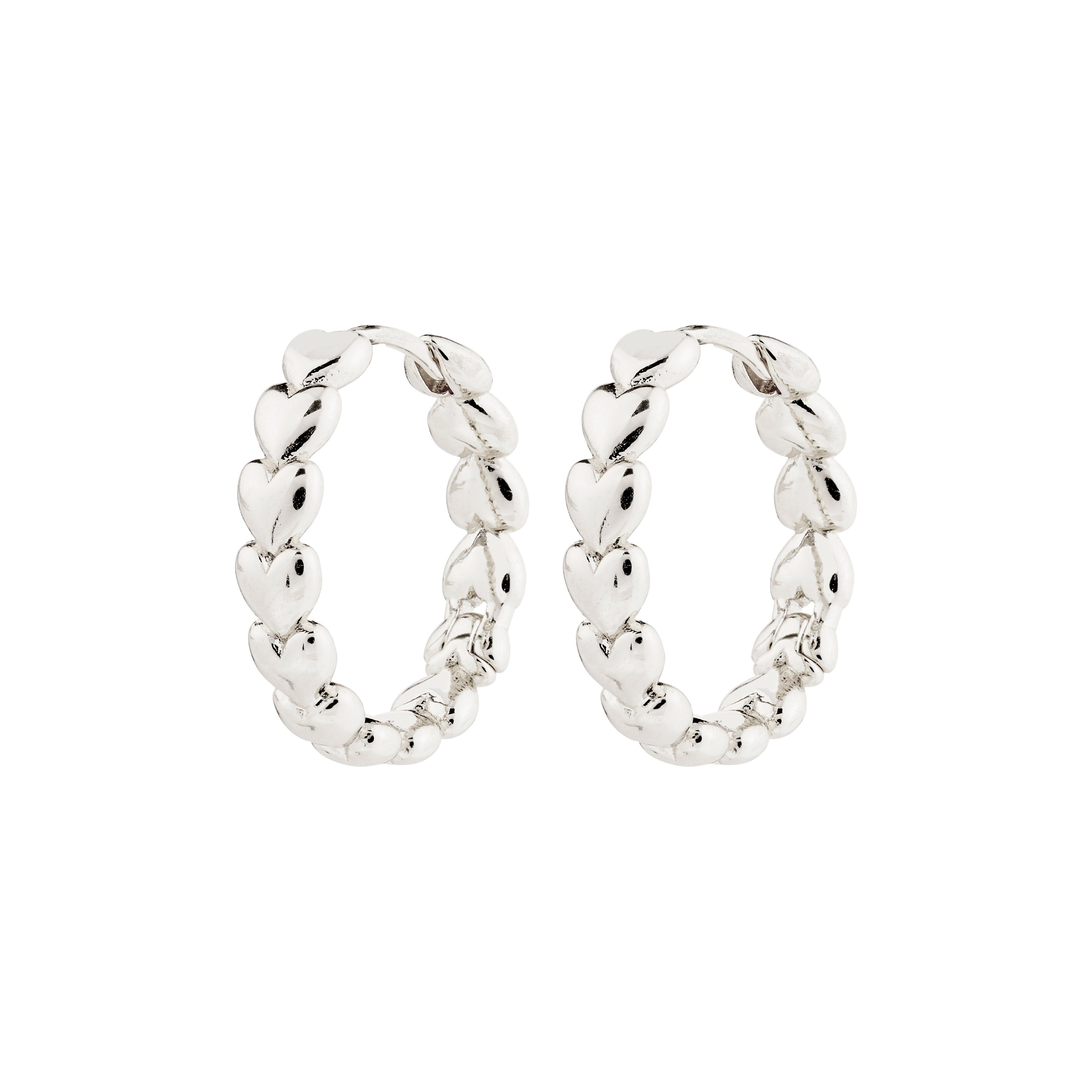 MAEVE hoop earrings silver-plated with heart pattern, featuring easy click clasps, made from 99% recycled materials for a sleek, modern look.