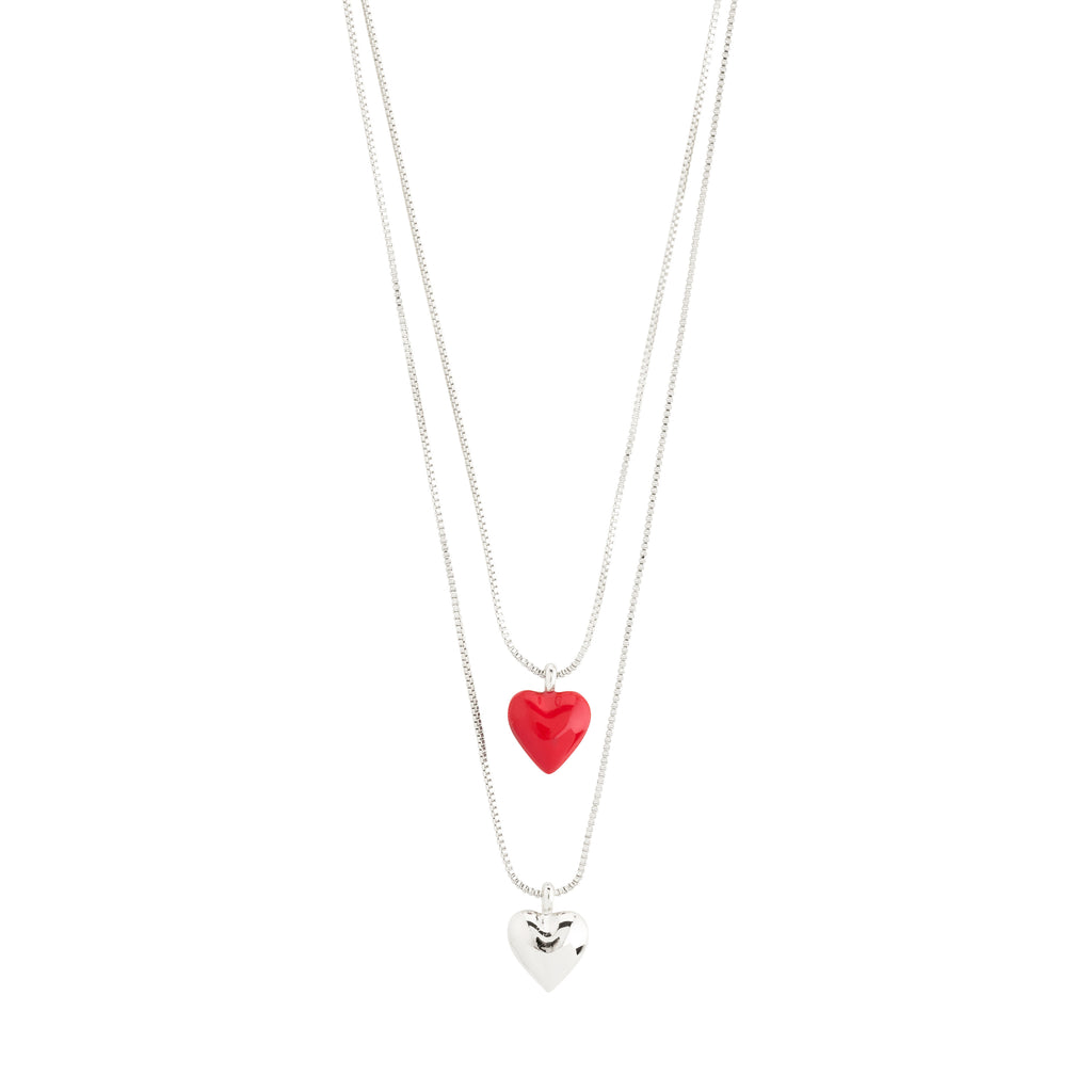 MAEVE necklace, 2-in-1 set, features a silver-plated puffy heart pendant and a red enamel heart pendant, perfect for a chic layered look.