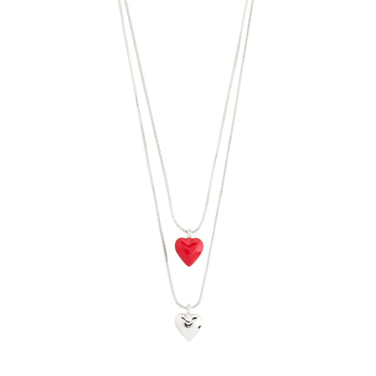 MAEVE necklace, 2-in-1 set, features a silver-plated puffy heart pendant and a red enamel heart pendant, perfect for a chic layered look.