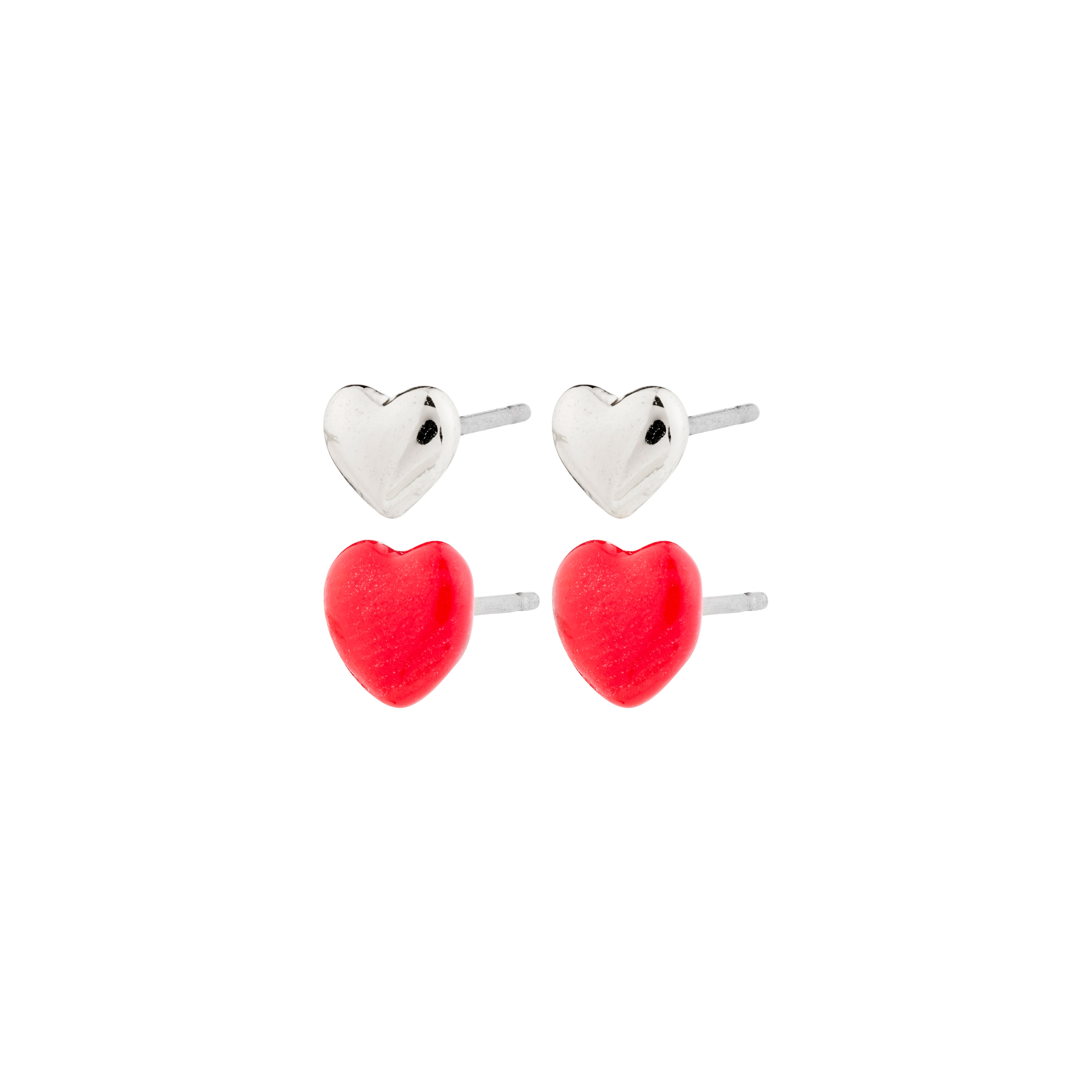 MAEVE earrings 2-in-1 set silver-plated: Features sleek silver-plated heart studs and vibrant red enamel hearts, perfect for creating unique, personalized ear styles.