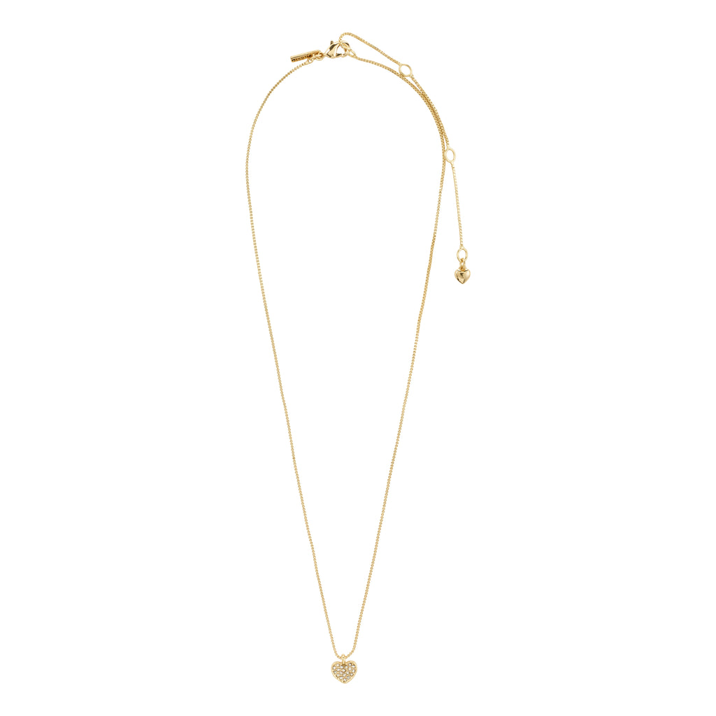 EMMETT necklace gold-plated with heart pendant featuring Preciosa crystals, designed for versatile wear. Crafted from recycled materials, 40 cm length with 9 cm extension.