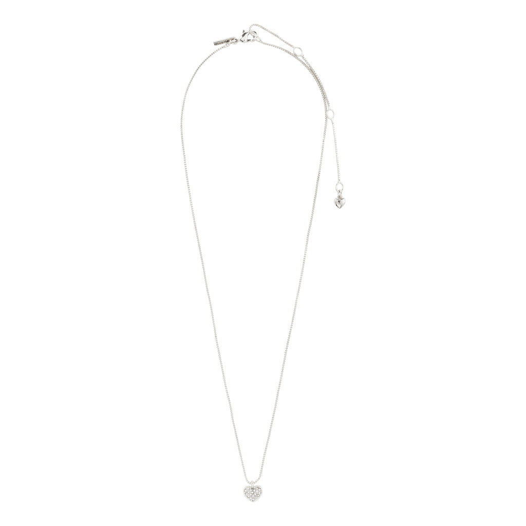 EMMETT necklace silver-plated with a small heart pendant encrusted with Preciosa crystals, designed for chic, minimalist, or layered looks, crafted from recycled materials.