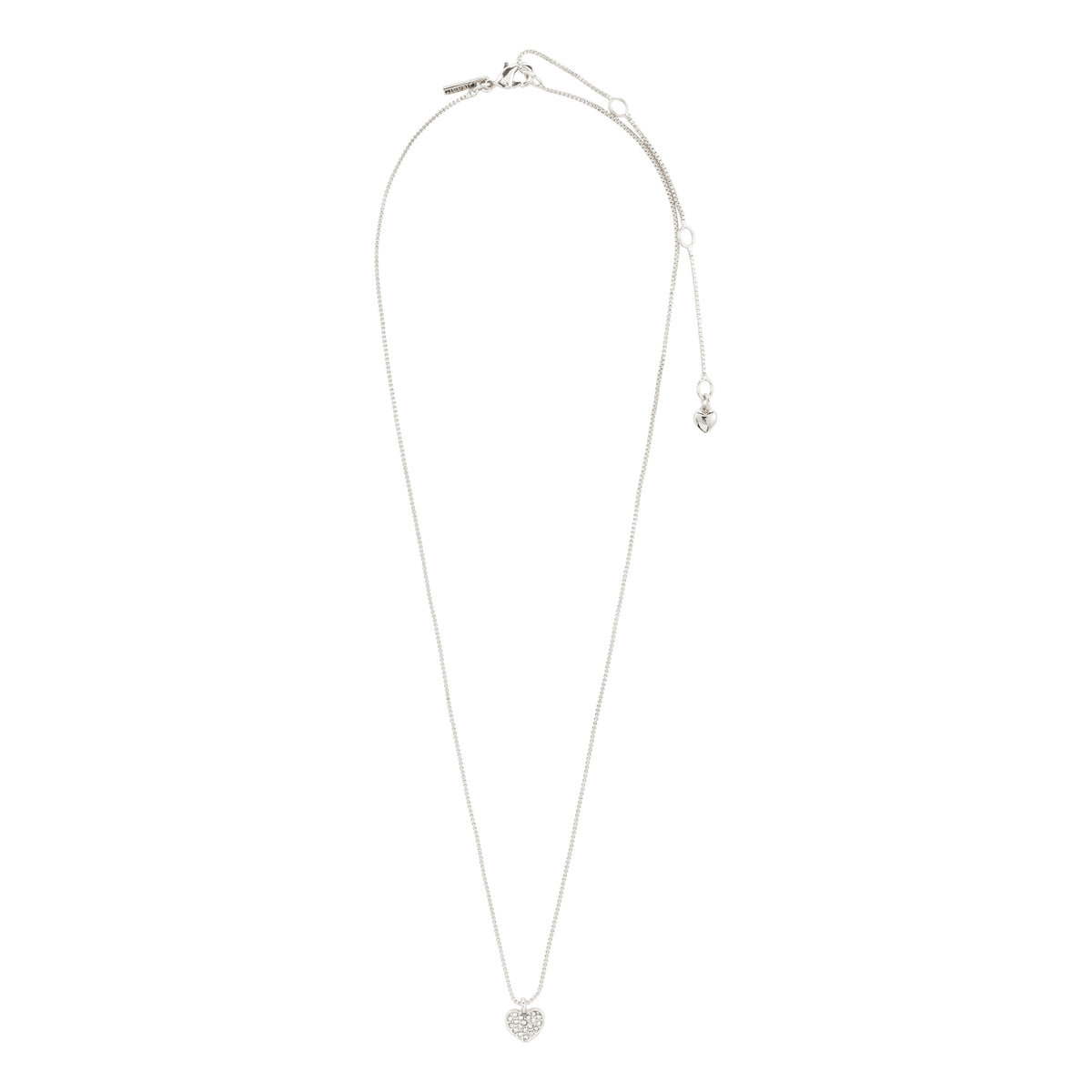 EMMETT necklace silver-plated with a small heart pendant encrusted with Preciosa crystals, designed for chic, minimalist, or layered looks, crafted from recycled materials.