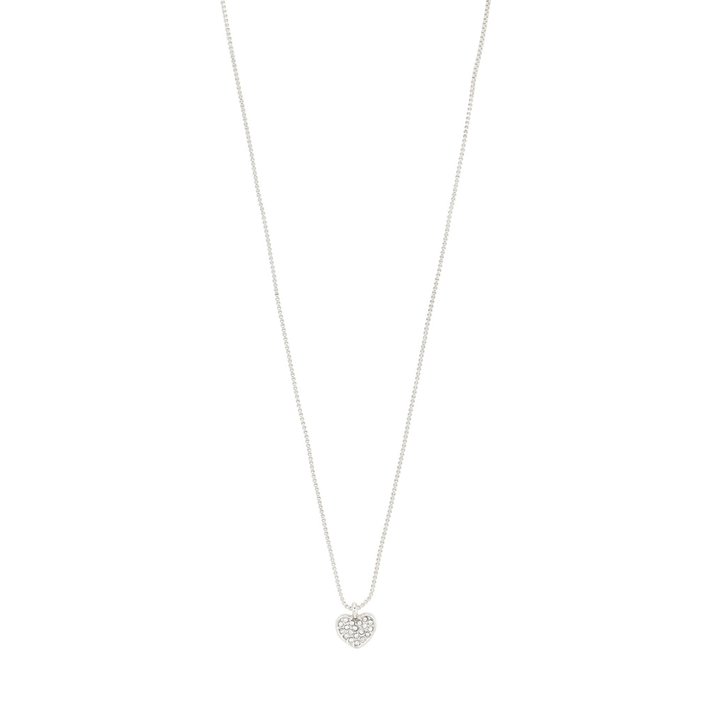 EMMETT necklace silver-plated with a heart pendant encrusted with Preciosa crystals, featuring a 40 cm chain and 9 cm extension, crafted from 97% recycled materials.