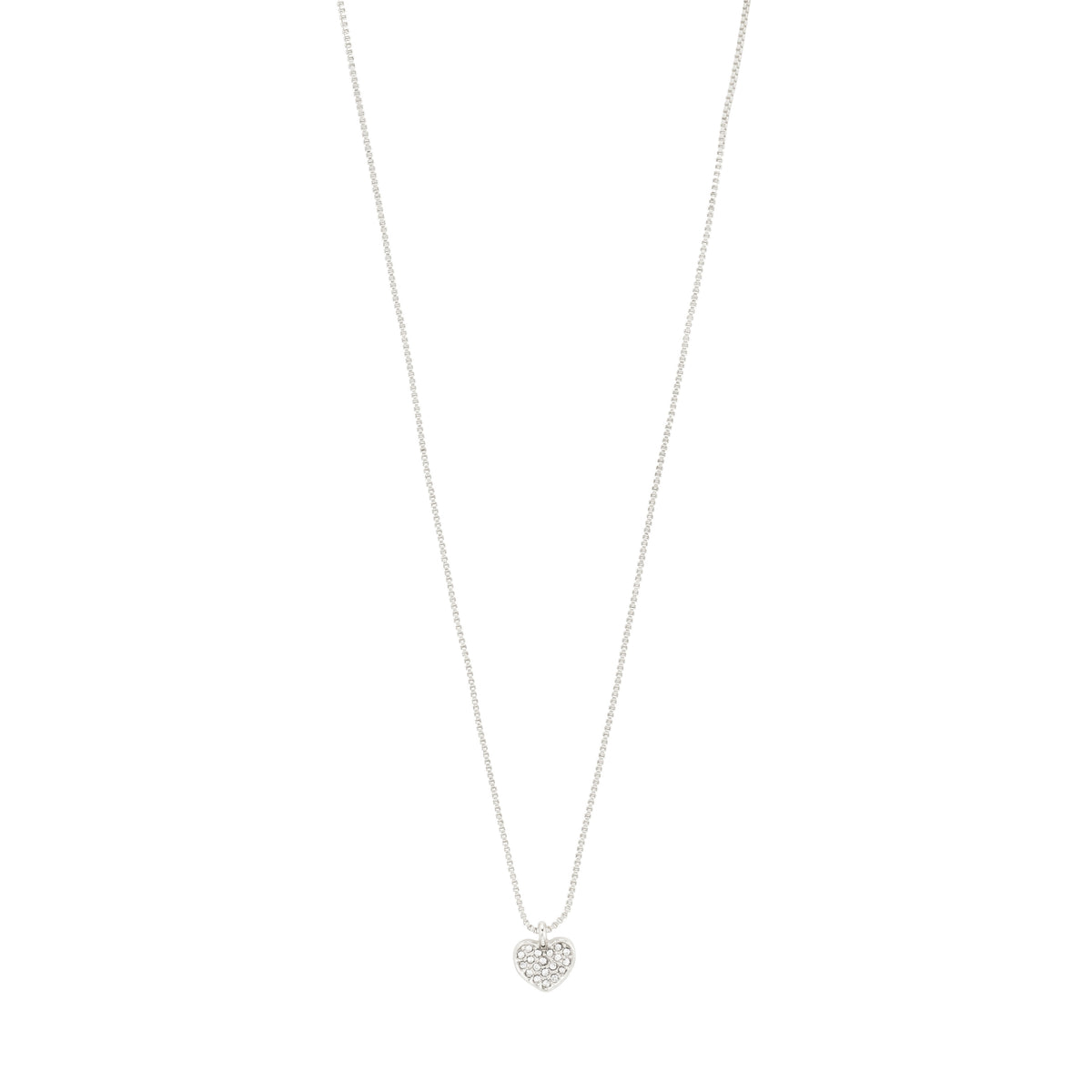 EMMETT necklace silver-plated with a heart pendant encrusted with Preciosa crystals, featuring a 40 cm chain and 9 cm extension, crafted from 97% recycled materials.