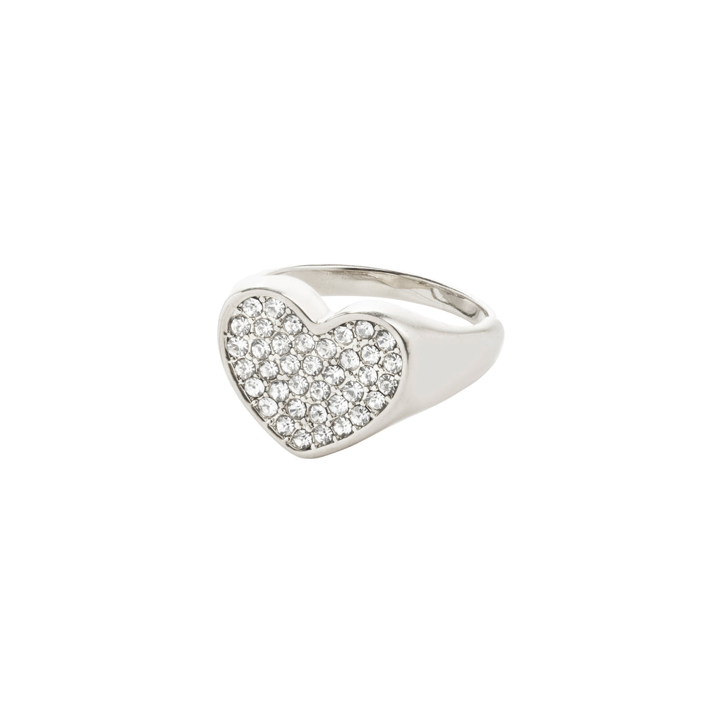 EMMETT ring silver-plated, featuring a large heart with dazzling Preciosa crystals, adjustable for a perfect fit, made from 98% recycled material.