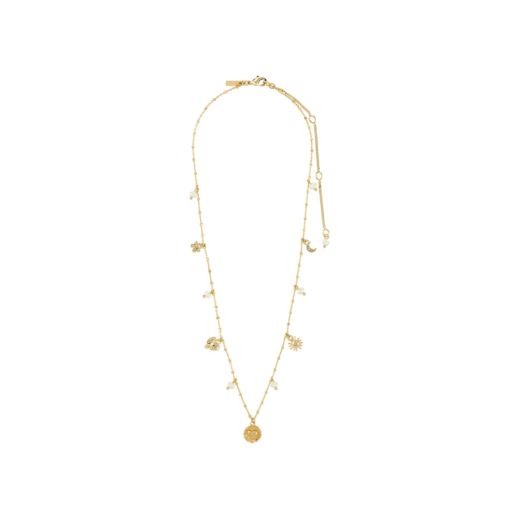 Gold-plated MYLAN necklace featuring a fine chain with tiny pearls, sunburst pendant, crystal moon, and charms. Adjustable length with conscious material choices.
