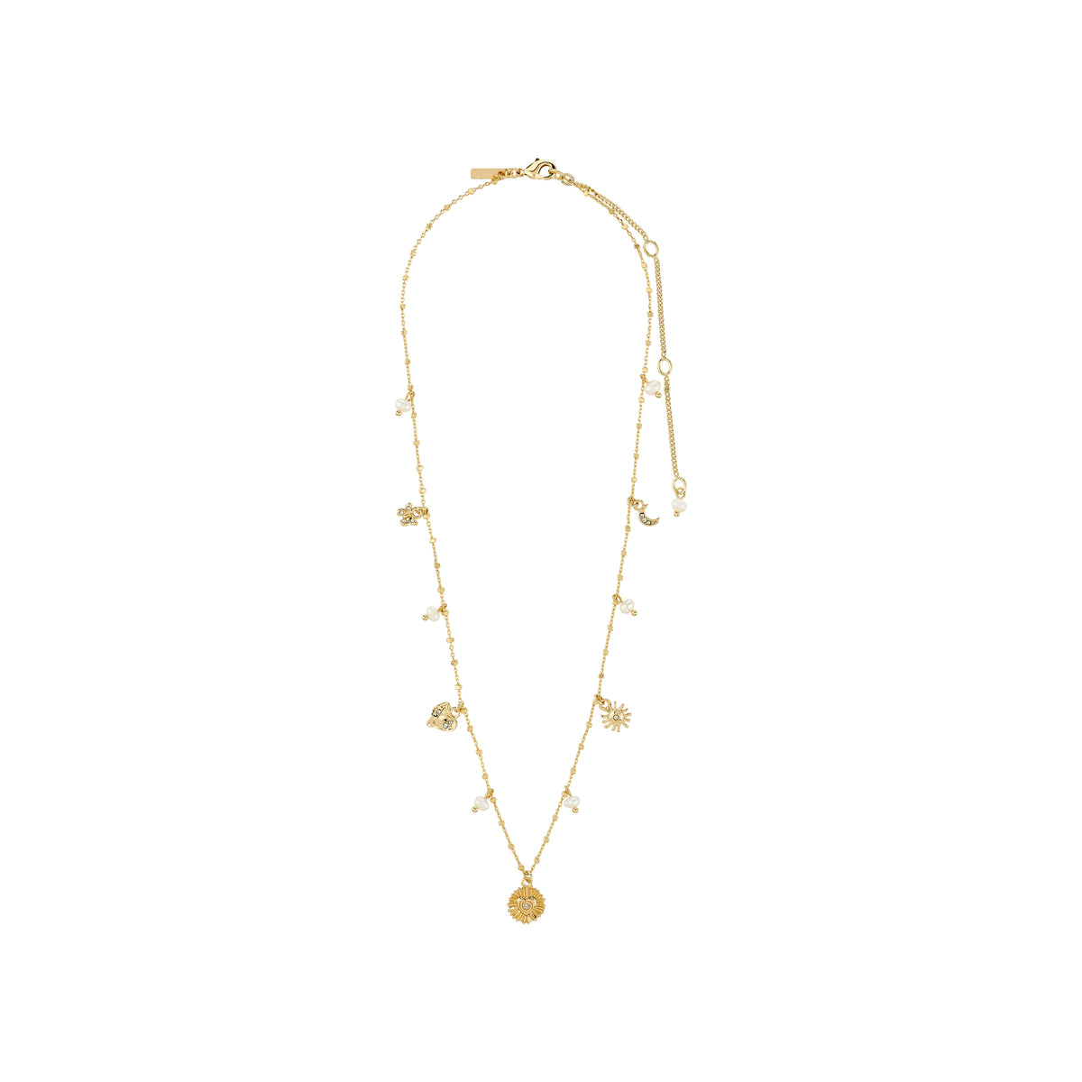 Gold-plated MYLAN necklace featuring a fine chain with tiny pearls, sunburst pendant, crystal moon, and charms. Adjustable length with conscious material choices.