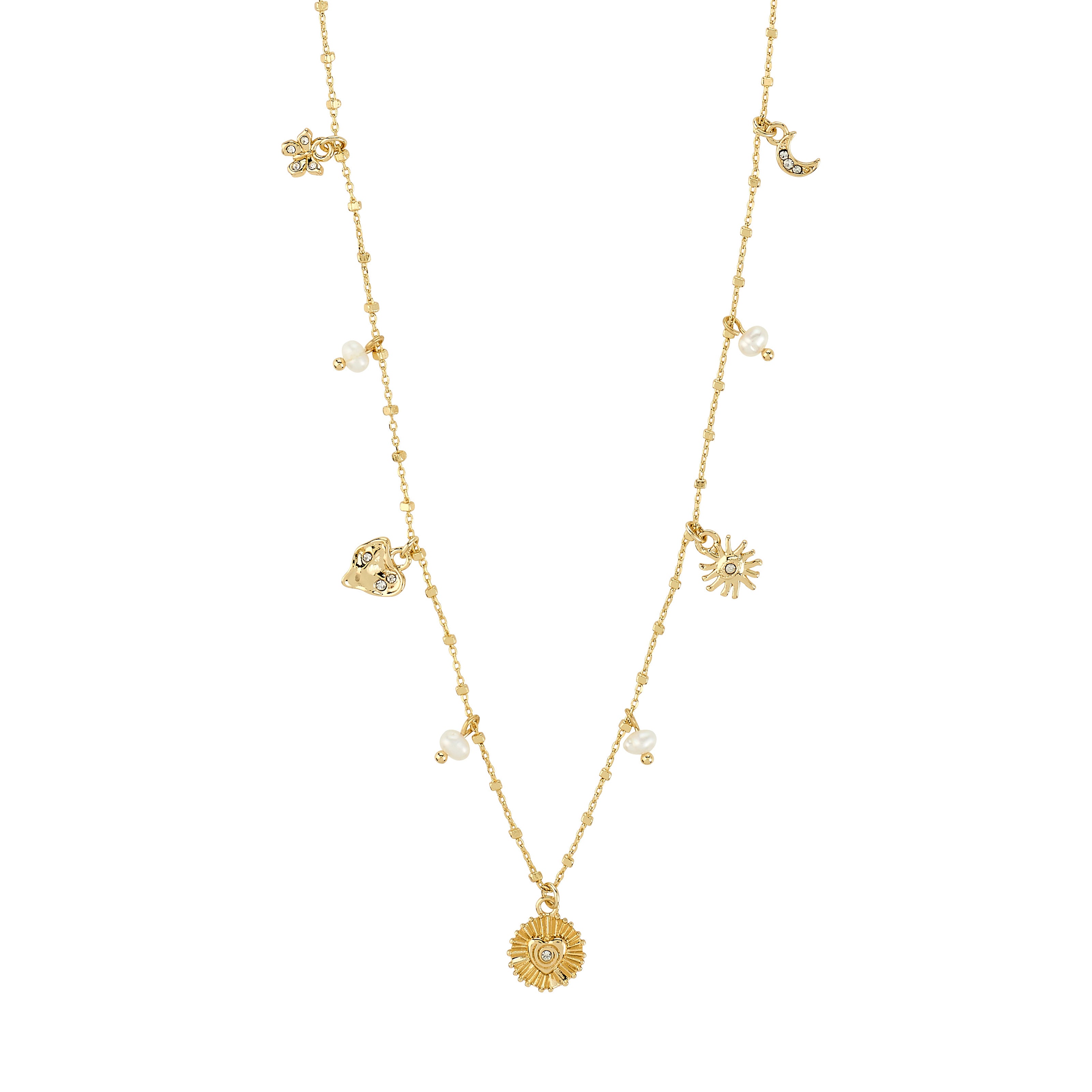 MYLAN necklace: gold-tone chain with pearls, crystal-studded charms including a sunburst, moon, heart, and clover, featuring a central sun-disc pendant.