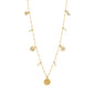 MYLAN necklace: gold-tone chain with pearls, crystal-studded charms including a sunburst, moon, heart, and clover, featuring a central sun-disc pendant.