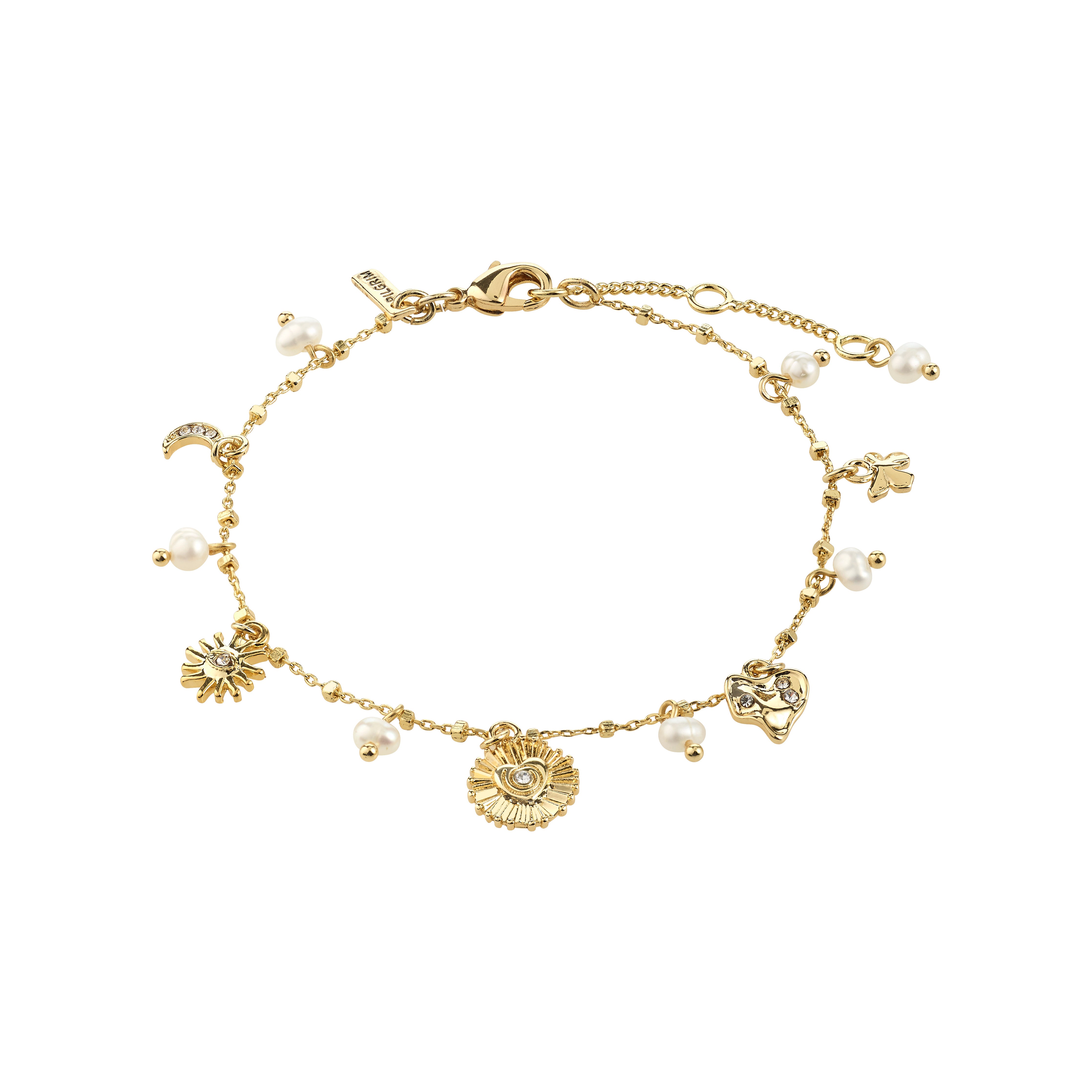 MYLAN bracelet gold-plated features a fine beaded chain with pearls and charms, including a crystal crescent moon, sunburst, and clover, showcasing celestial and nature-inspired motifs.
