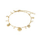 MYLAN bracelet gold-plated features a fine beaded chain with pearls and charms, including a crystal crescent moon, sunburst, and clover, showcasing celestial and nature-inspired motifs.