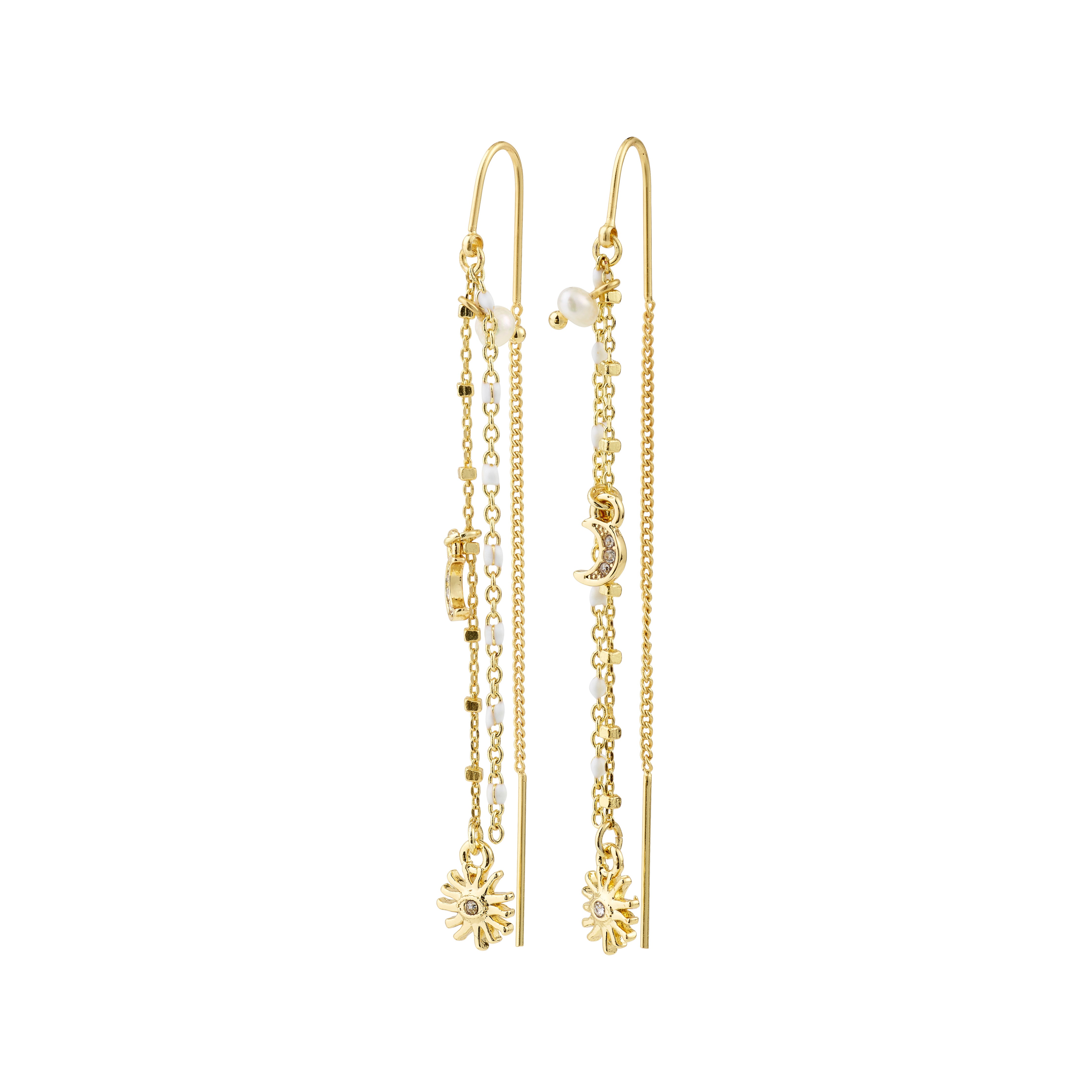 Gold-plated MYLAN chain earrings with sun, moon, and pearl charms on delicate chains, capturing a dreamy, boho-inspired elegance from Pilgrim.