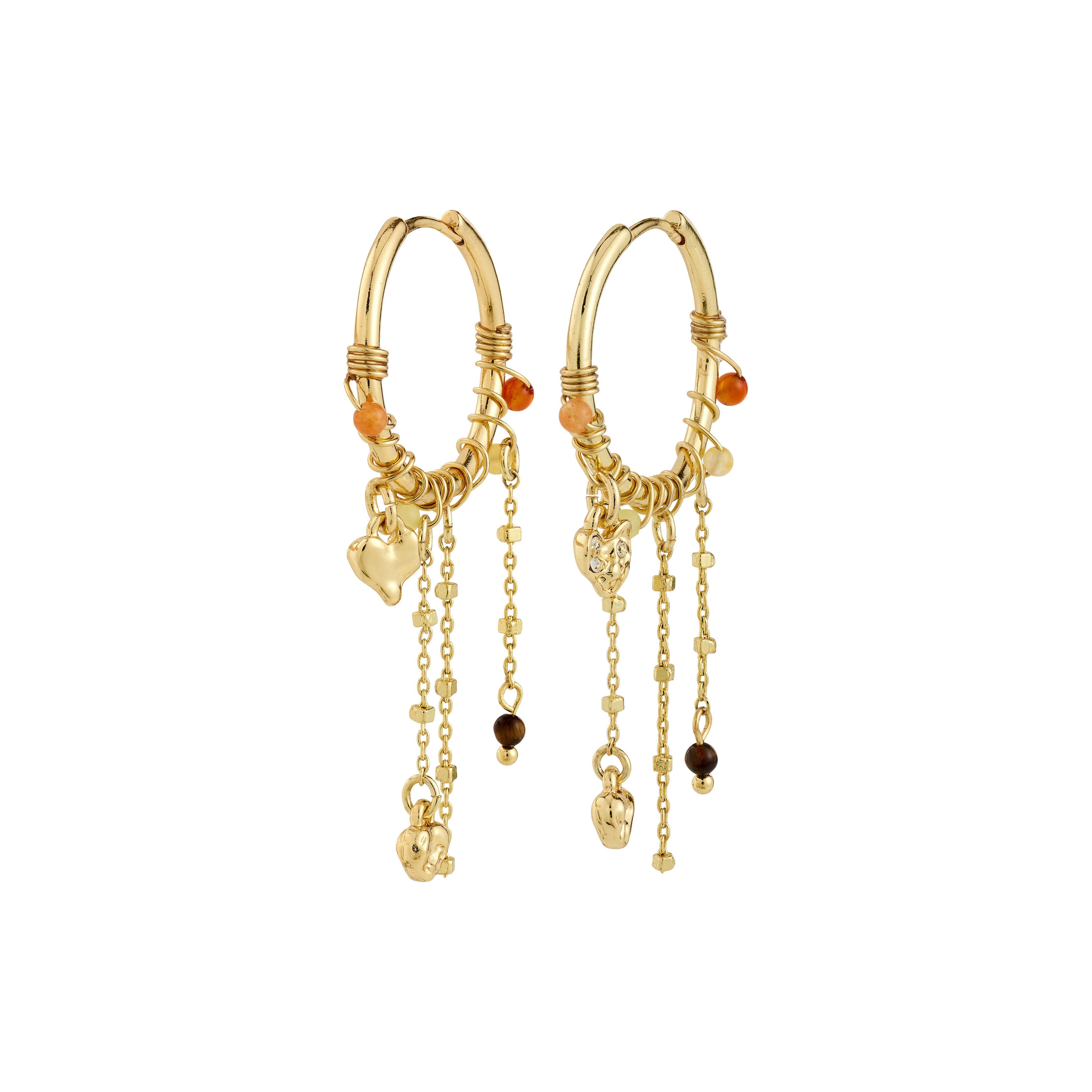 Gold-plated MYLAN hoop earrings with orange, yellow beads, layered gold chains, heart-shaped charms, and accent beads, showcasing dynamic movement and a boho vibe.