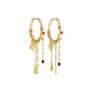 Gold-plated MYLAN hoop earrings with orange, yellow beads, layered gold chains, heart-shaped charms, and accent beads, showcasing dynamic movement and a boho vibe.
