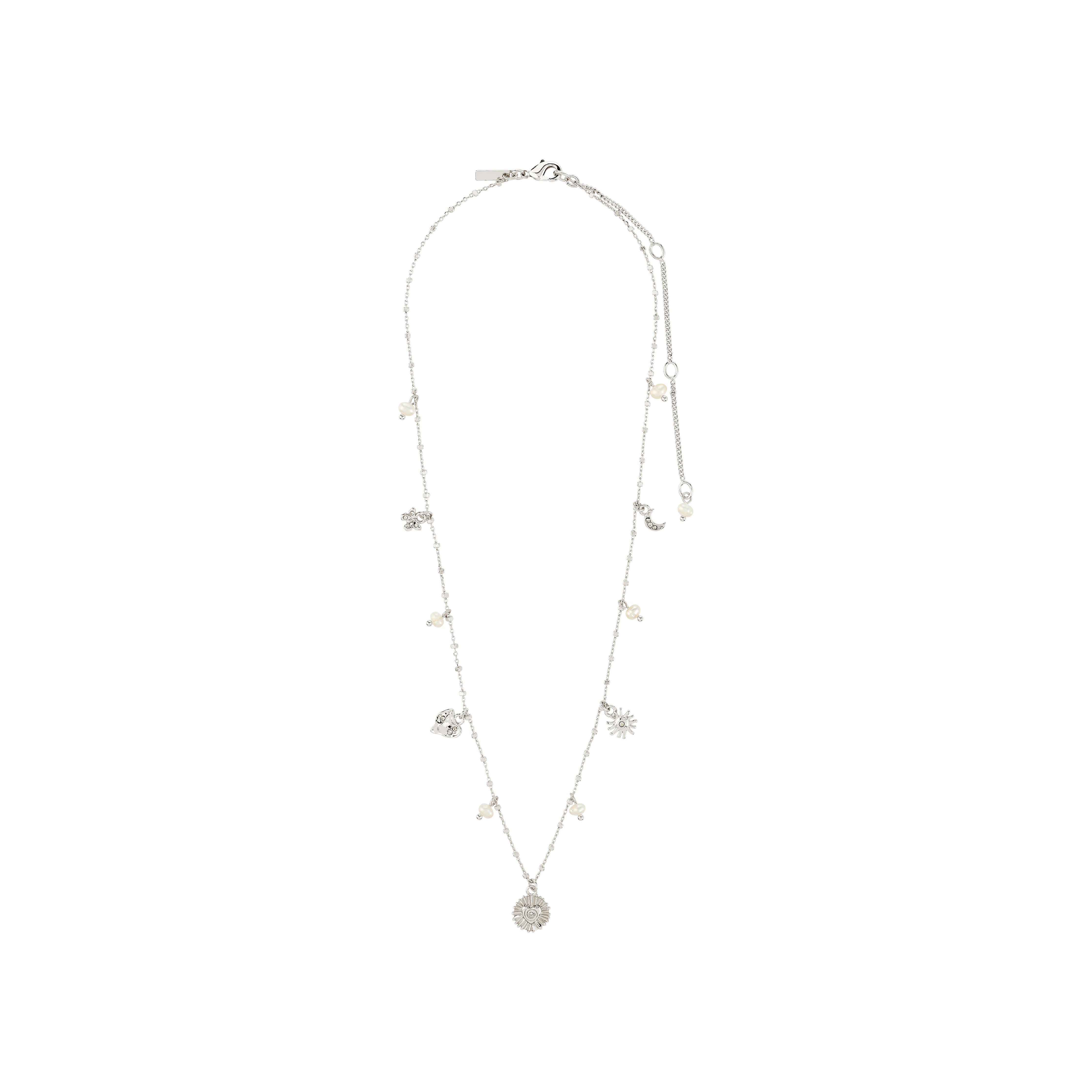 MYLAN necklace silver-plated with sunburst, crescent-moon, and heart charms, adorned with faux-pearl beads and floral motifs, perfect for a mystical, everyday look.