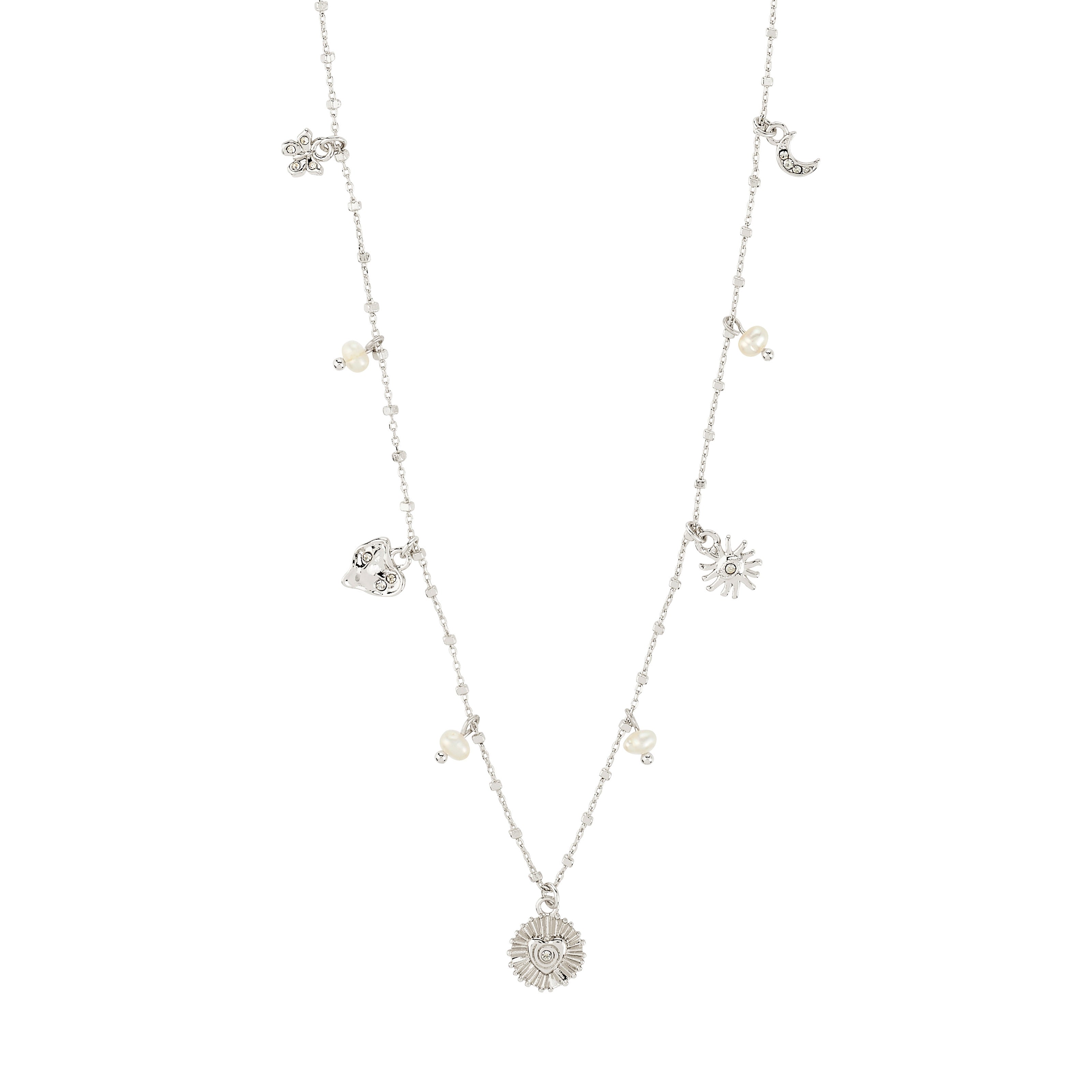 MYLAN necklace: silver-plated chain with charms and pearls, featuring a sun medallion, crescent moon, daisy, heart, and freshwater pearls.