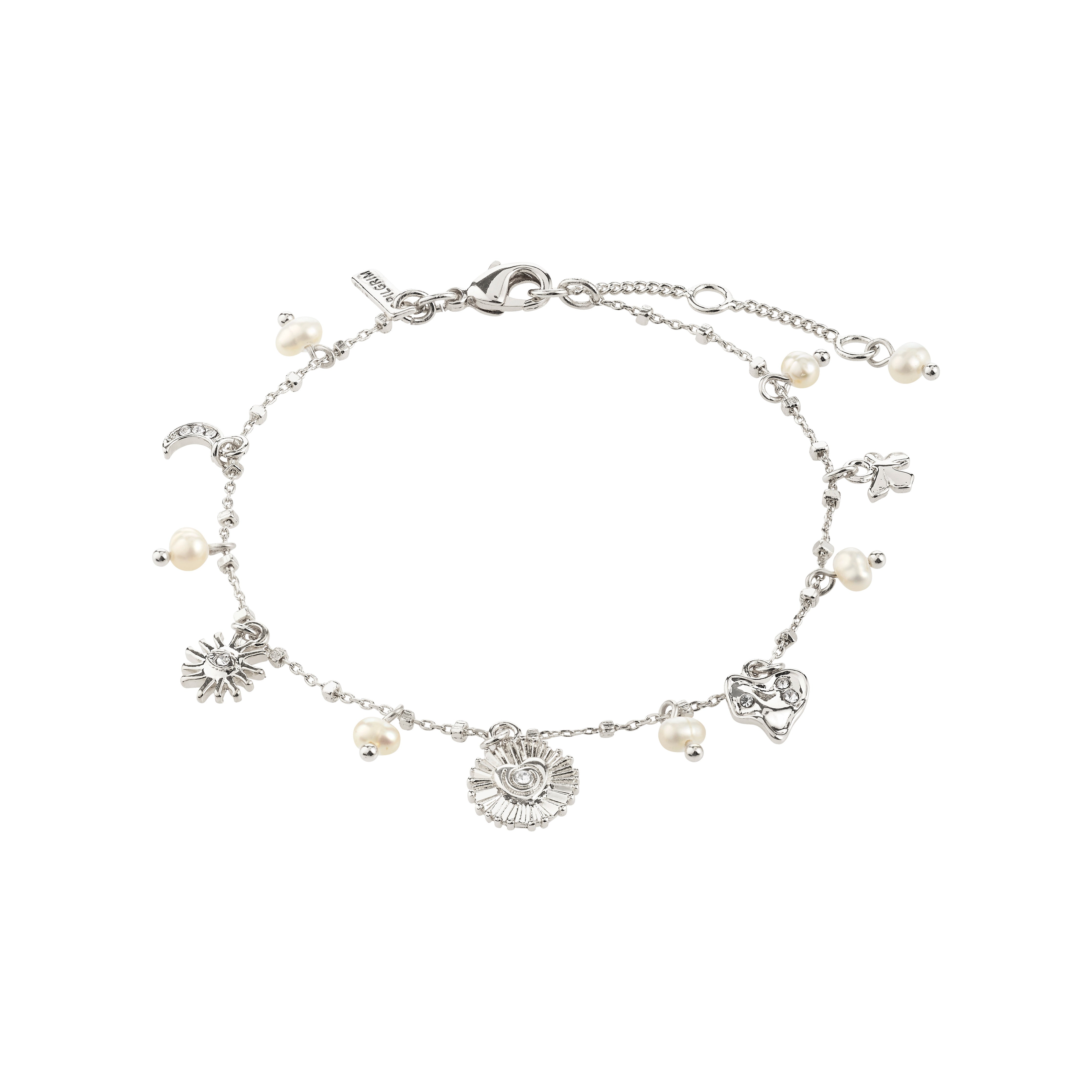 MYLAN bracelet: A silver-plated charm bracelet with pearls, featuring moon, sun, clover, and heart motifs, embodying Pilgrim's mystical and personal style.