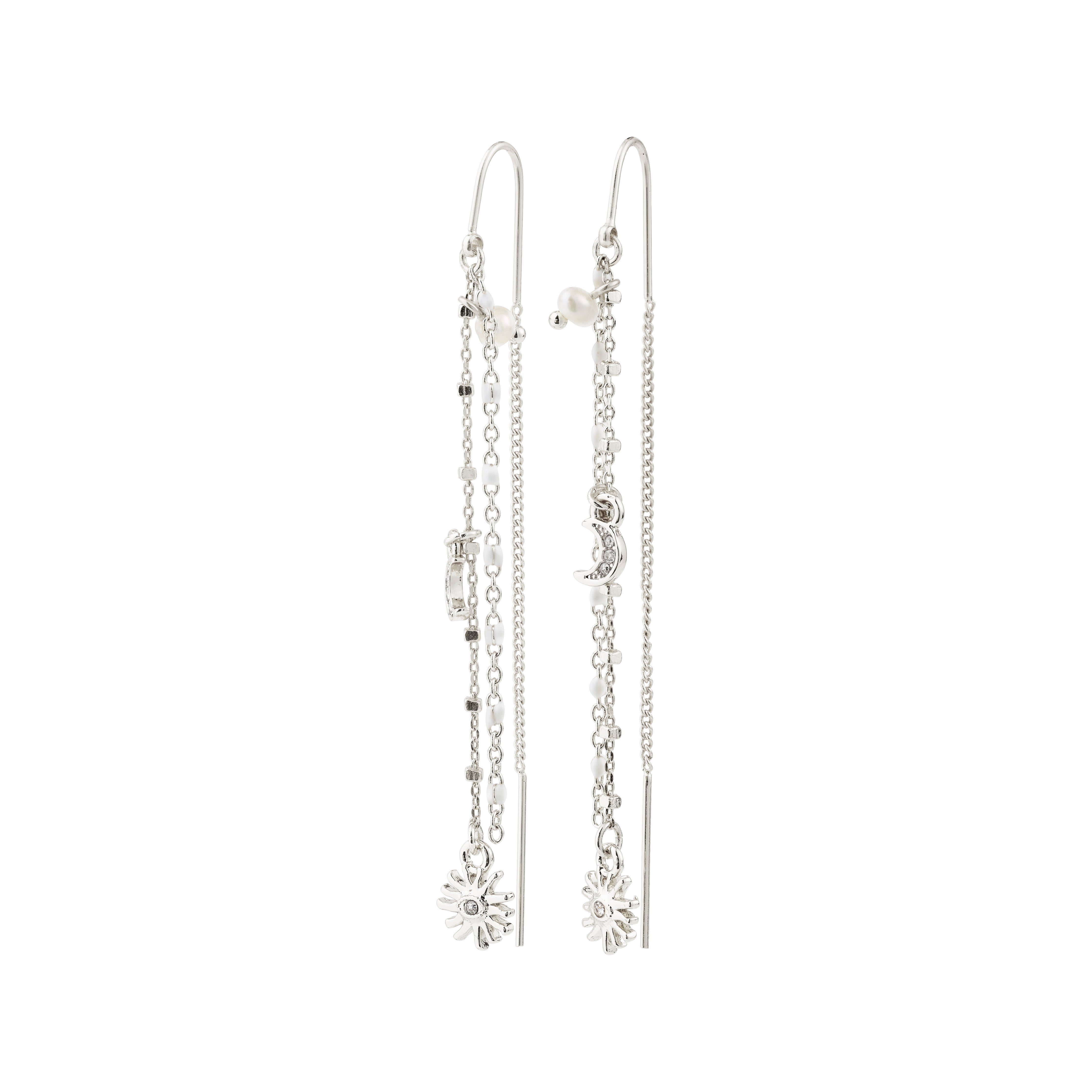 MYLAN chain earrings silver-plated, featuring celestial sunburst and crescent charms with delicate pearls and crystal accents, embodying a luxe boho and sustainable style.