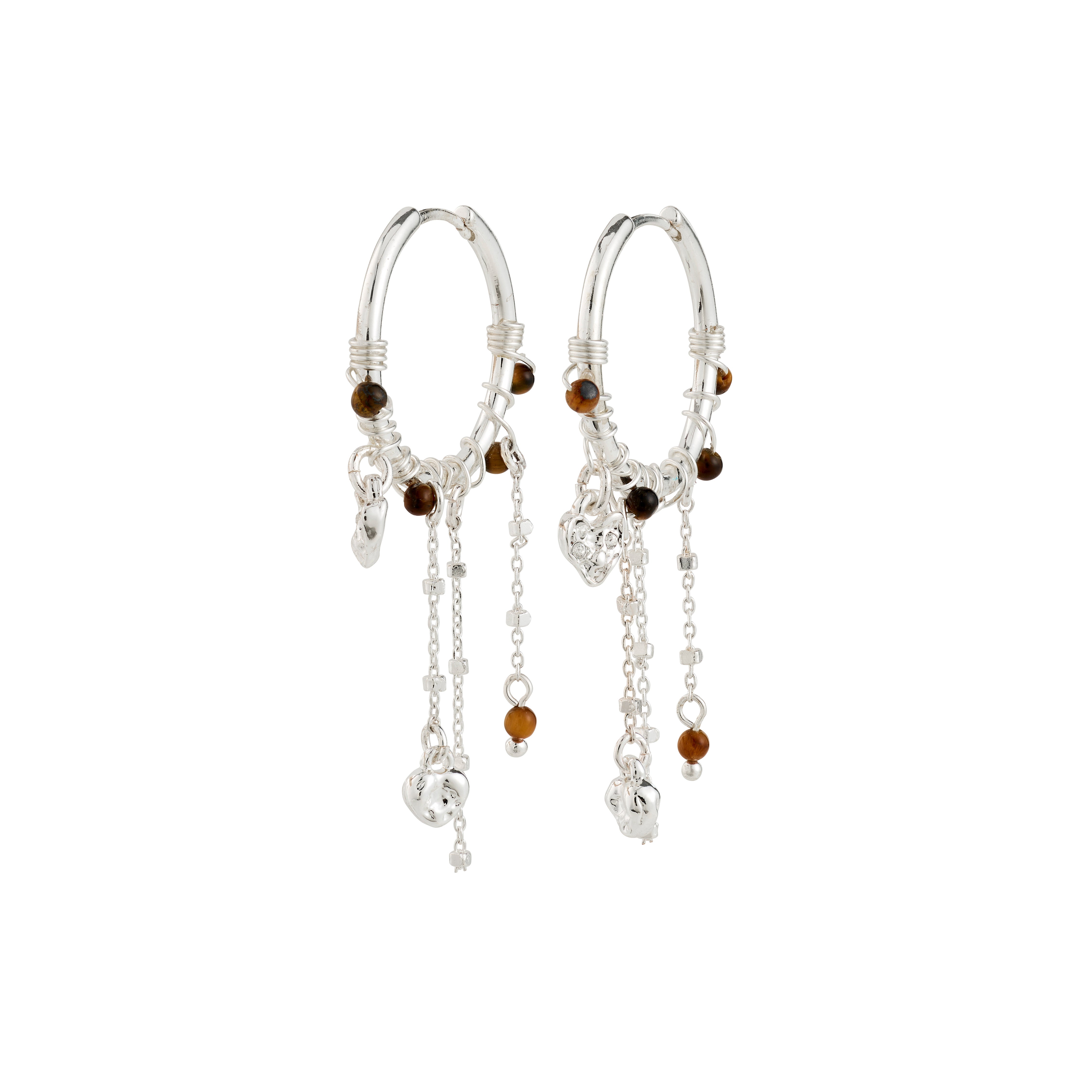MYLAN earrings silver-plated by Pilgrim: silver-tone hoops with wire-wrapped Tiger Eye beads, dangling chains, and charms, offering a luxe boho vibe with poetic appeal.