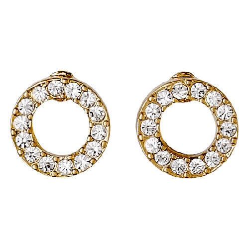 VICTORIA crystal halo earrings, gold-plated, featuring open circle design with sparkling crystal stones, embodying Pilgrim's Scandinavian craftsmanship and timeless elegance.