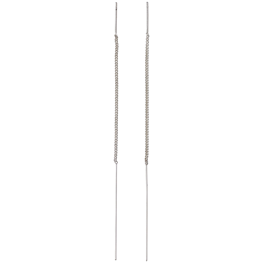 TAHOE chain earrings, silver-plated, featuring a slim bar and chain design for versatile styling and personalized ear curation looks.