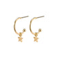 AVA star hoop earrings, gold-plated, featuring delicate star pendants. These semi-hoops offer a shiny, feminine touch, perfect for versatile styling.