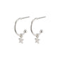 AVA star hoop earrings, silver-plated, featuring semi-hoops with delicate star pendants, exuding a sweet and feminine vibe, perfect for versatile styling.