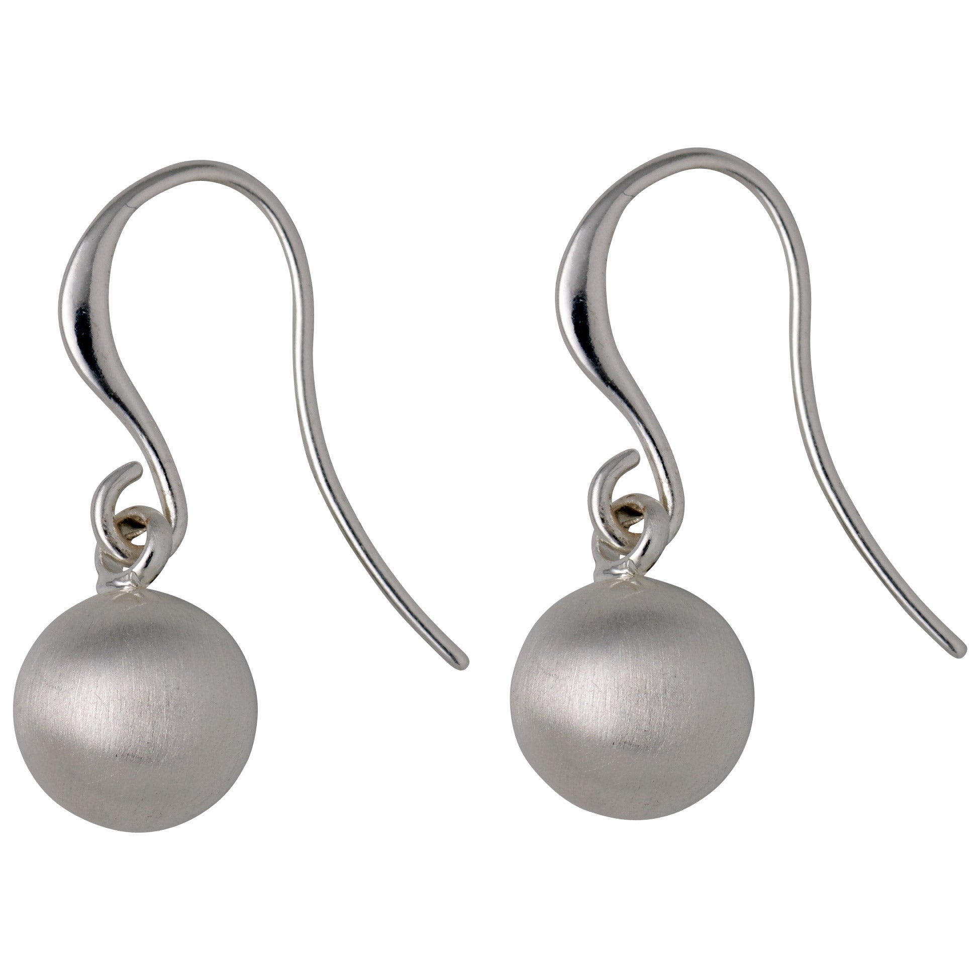 AMALIA earrings, silver-plated, feature a satin-matt ball design with elegant dangle style, offering versatile movement. Perfect for trendsetters seeking timeless Scandinavian-inspired jewelry.