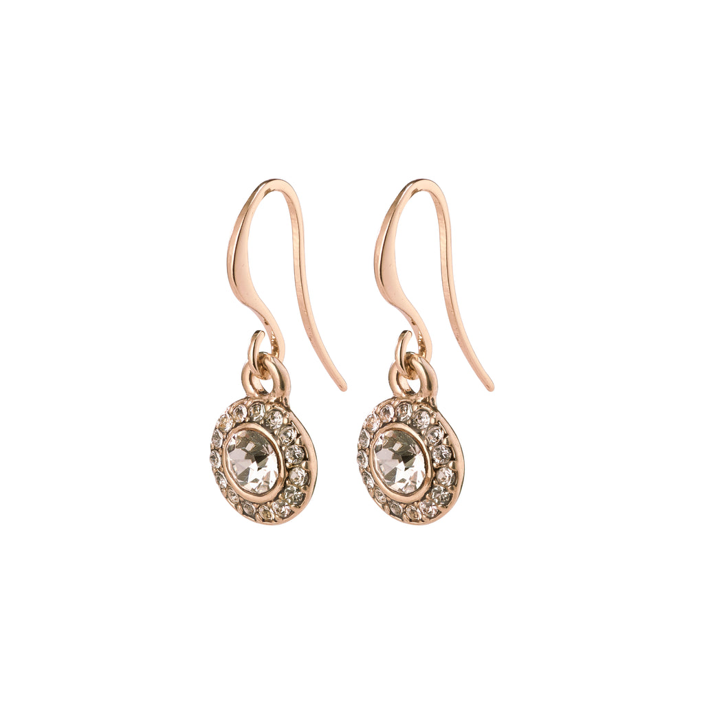 CLEMENTINE crystal earrings rosegold-plated, featuring a halo of diamonds and a pavé pendant, combining antique charm with modern elegance for a sophisticated look.