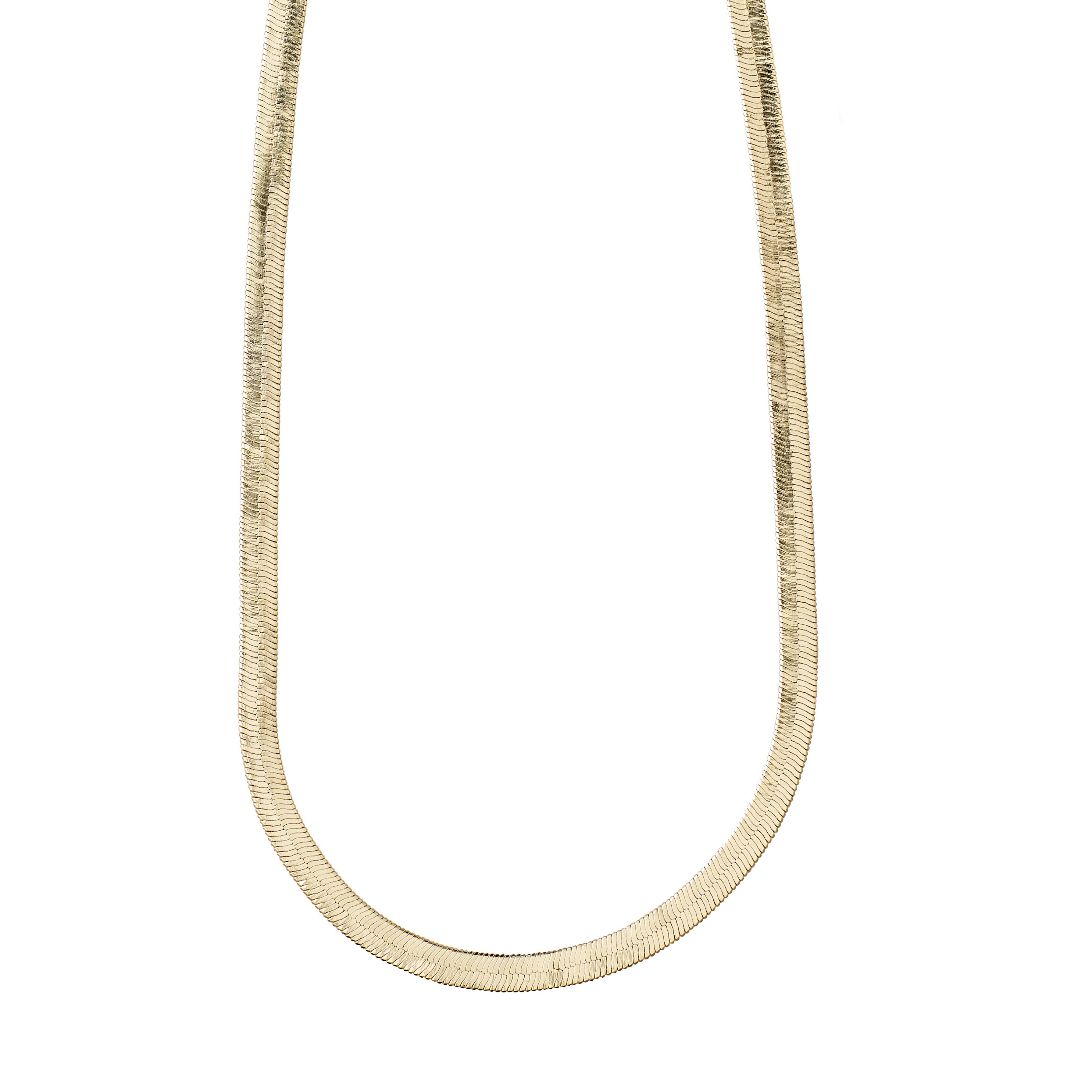 NOREEN flat snakechain necklace, gold-plated, featuring polished, textured flat links forming a stylish, exotic pattern, perfect for layering or wearing solo.