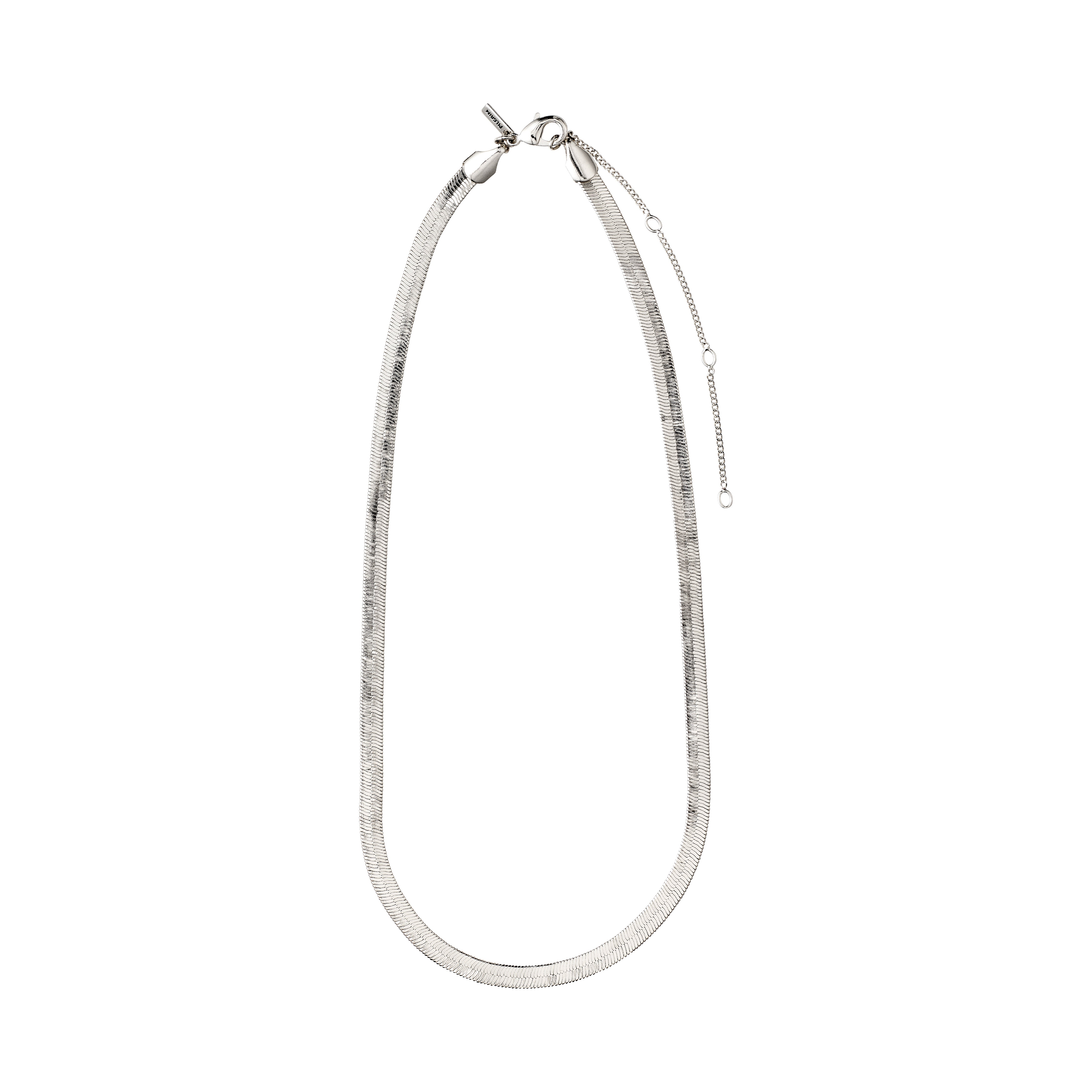 NOREEN flat snakechain necklace silver-plated, featuring a polished, broad band with a textured pattern and adjustable lobster-claw clasp for versatile styling.
