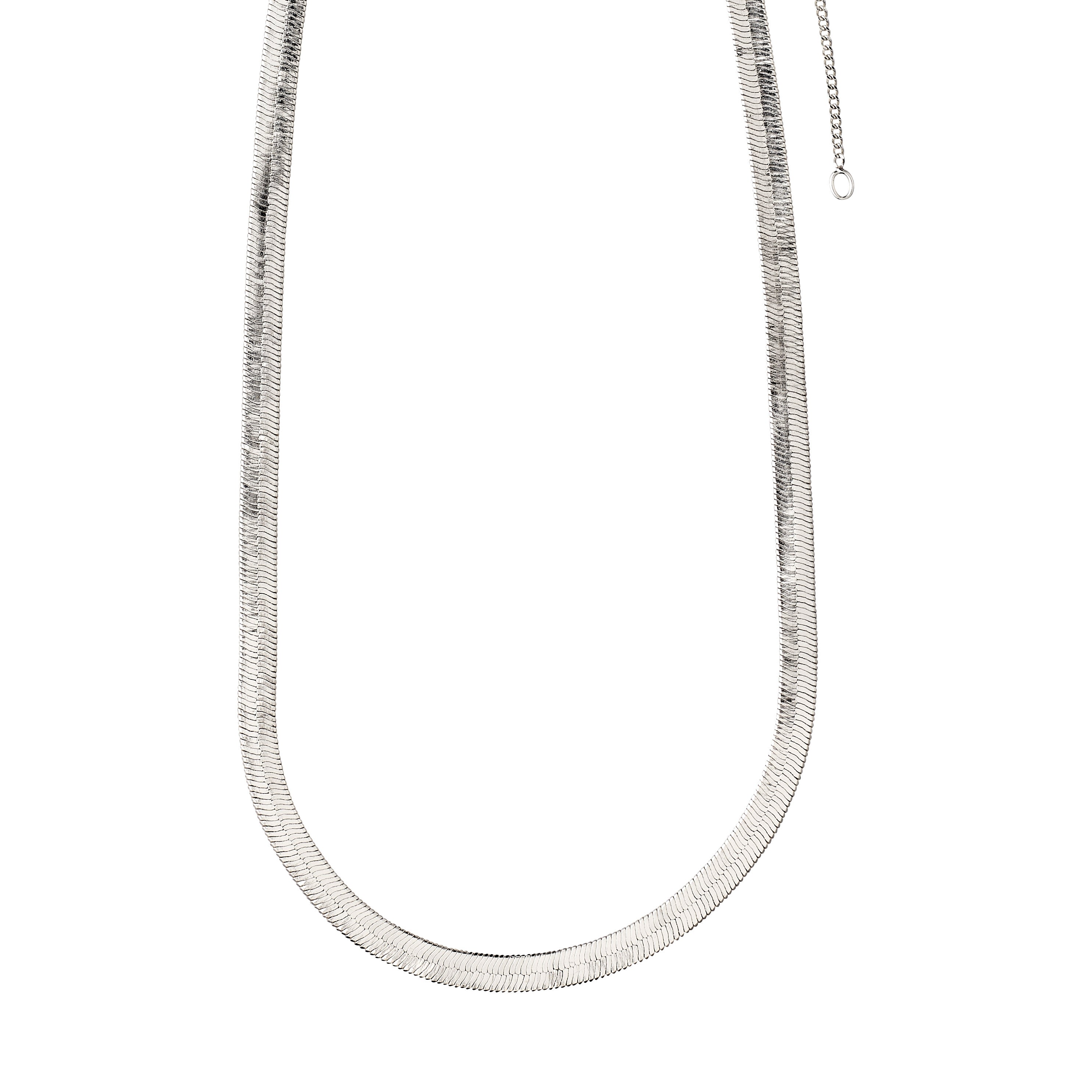 NOREEN flat snakechain necklace, silver-plated, features a polished texture and broad links, creating an exotic look. Includes a short extender and clasp for adjustable wear.