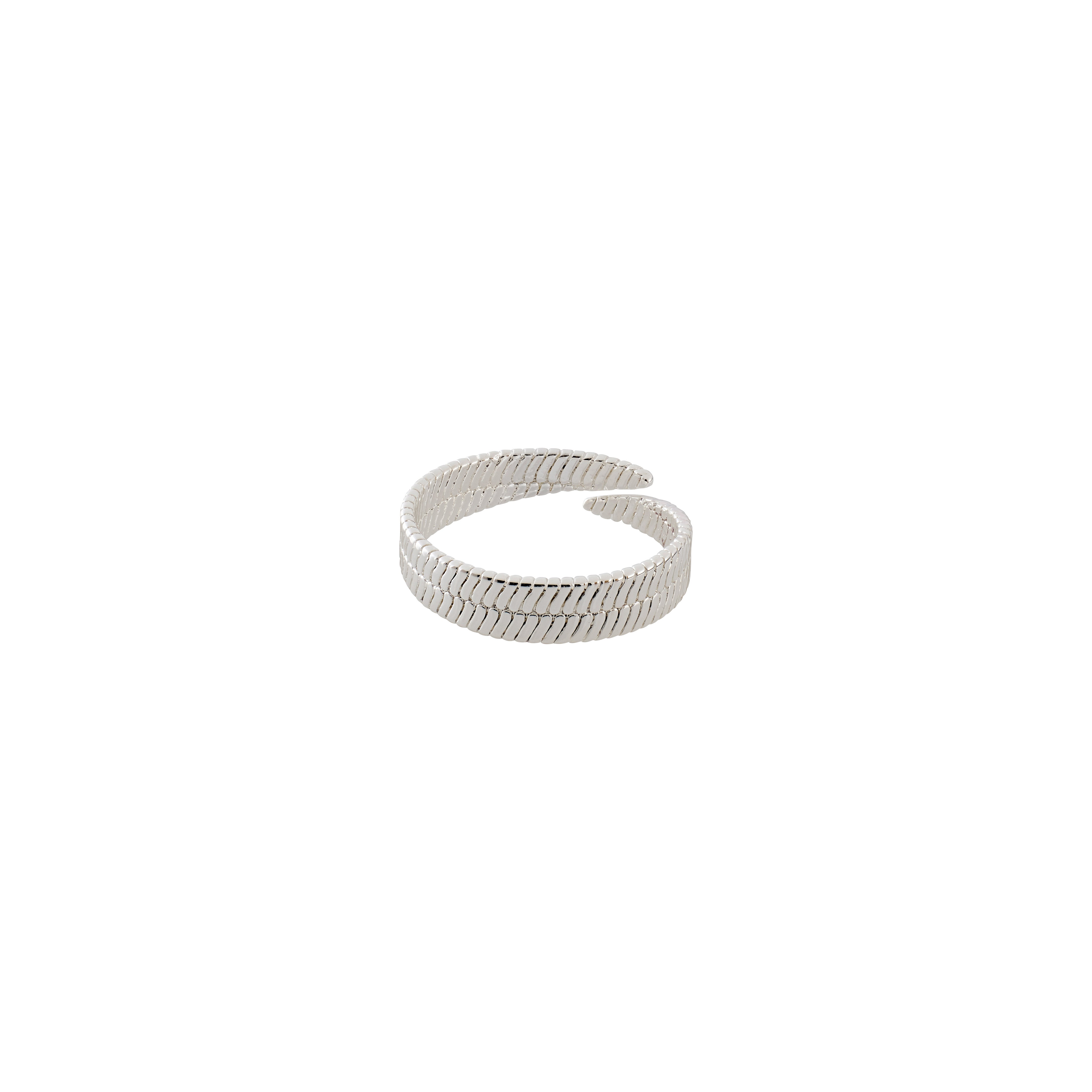 NOREEN ring silver-plated, features a broad, textured band with an industrial-inspired pattern, suitable for stacking or solo wear.