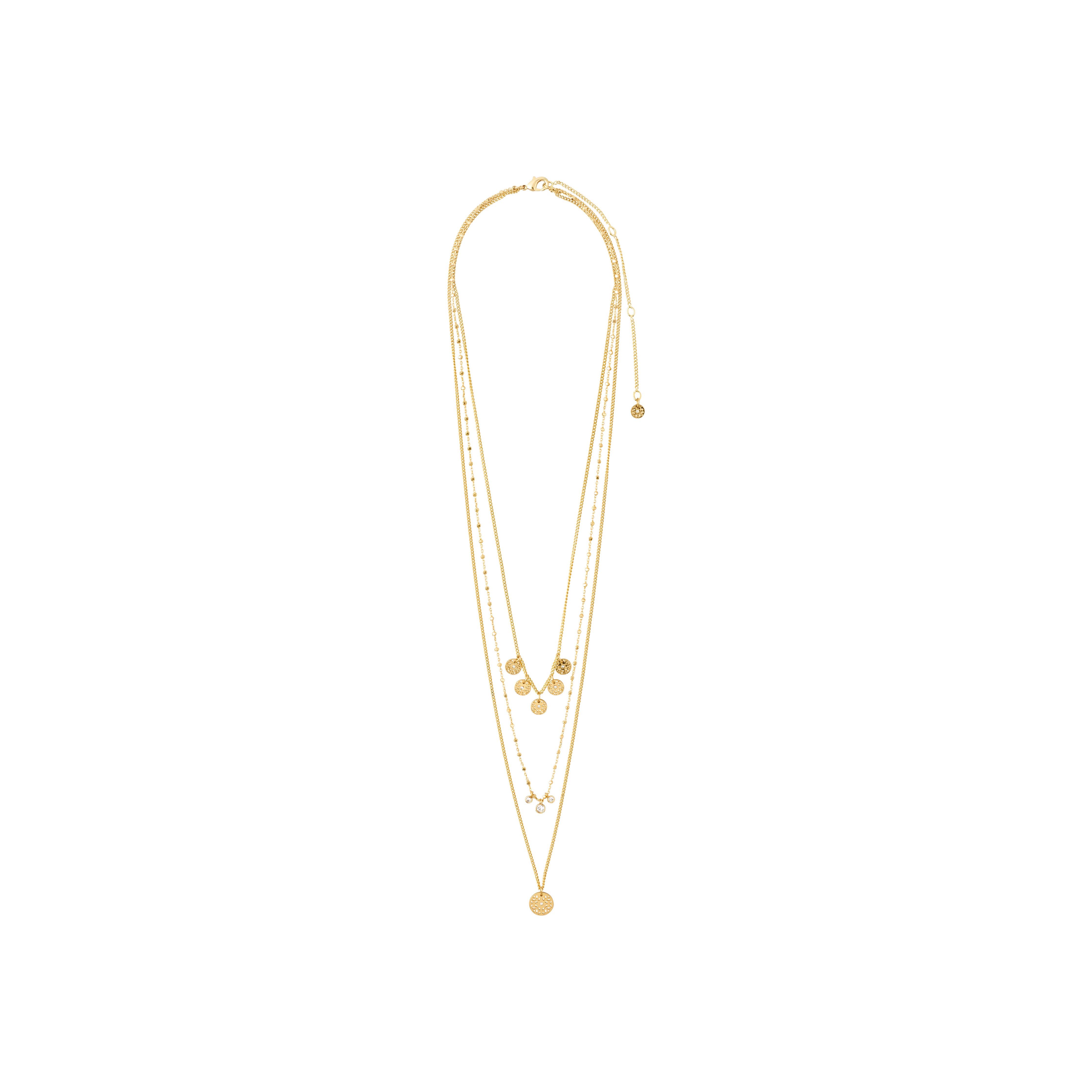 CAROL layered necklace 3-in-1 gold-plated featuring three delicate chains with small circles, creating a trendy, urban layered look. Ideal for modern style enthusiasts.