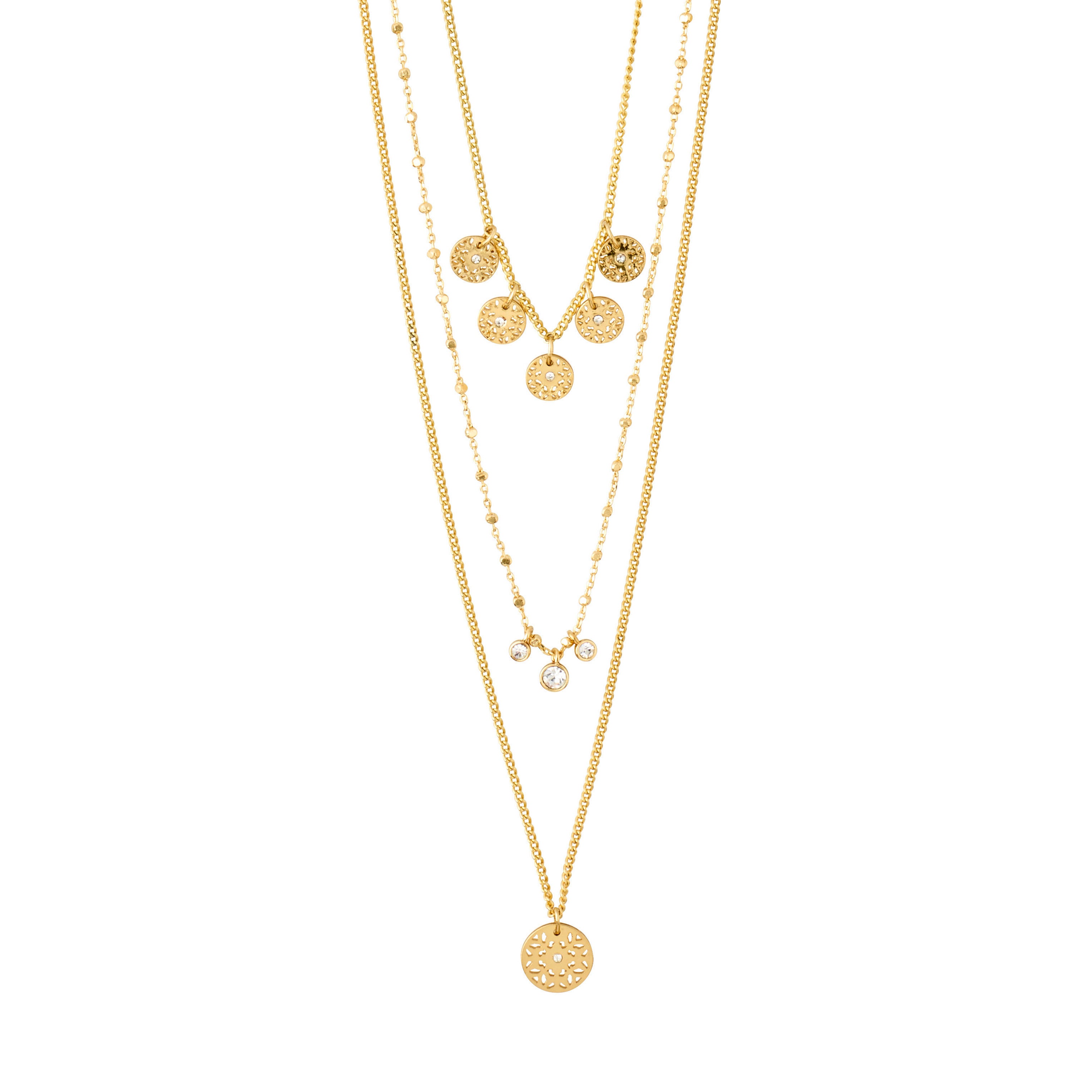 CAROL 3-in-1 gold-plated layered necklace with Preciosa crystals and pendants, featuring three delicate chains for a trendy, urban look.