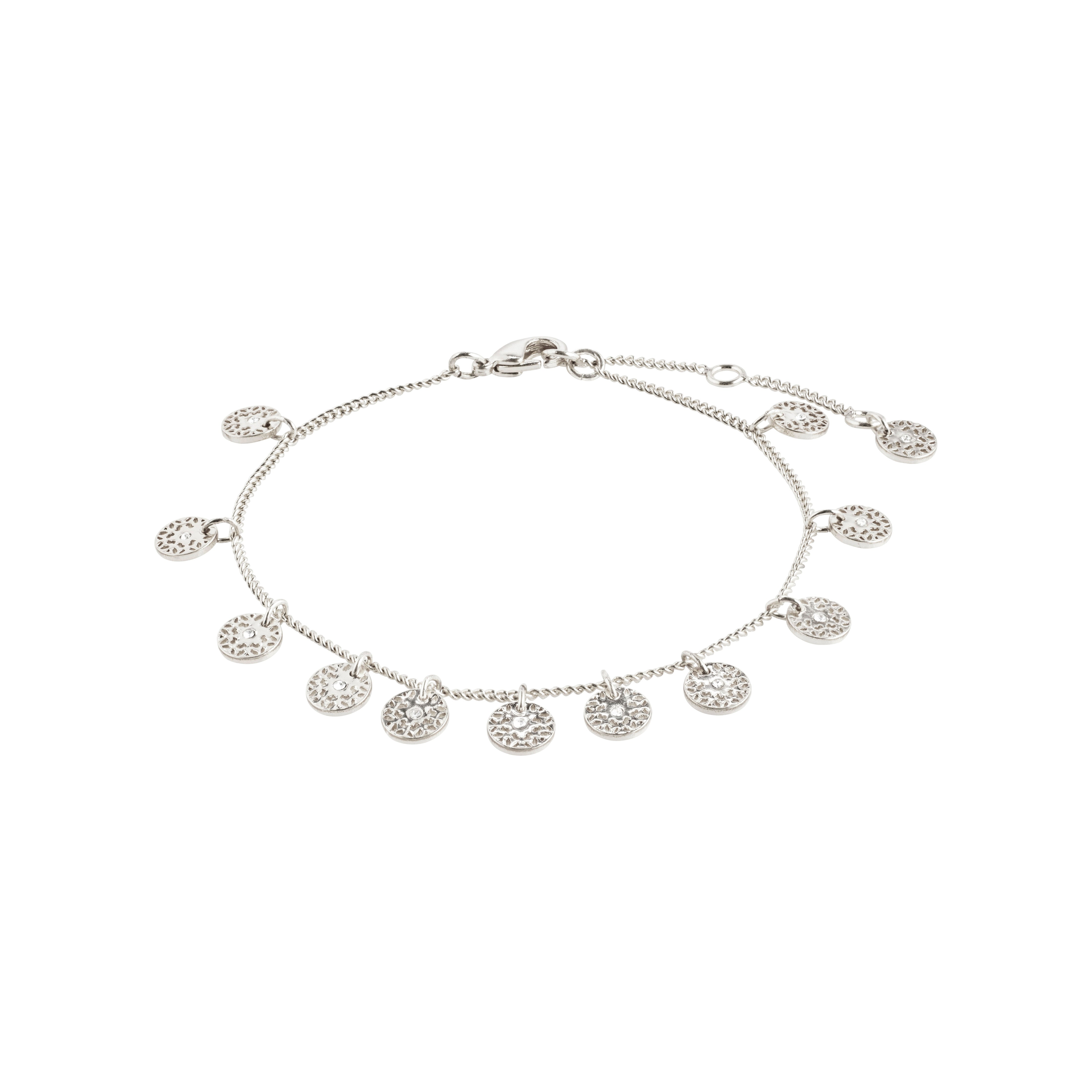 Silver-plated CAROL bracelet featuring small filigree coins and crystals, from Pilgrim's Classic collection, evoking travel and cultural exploration.