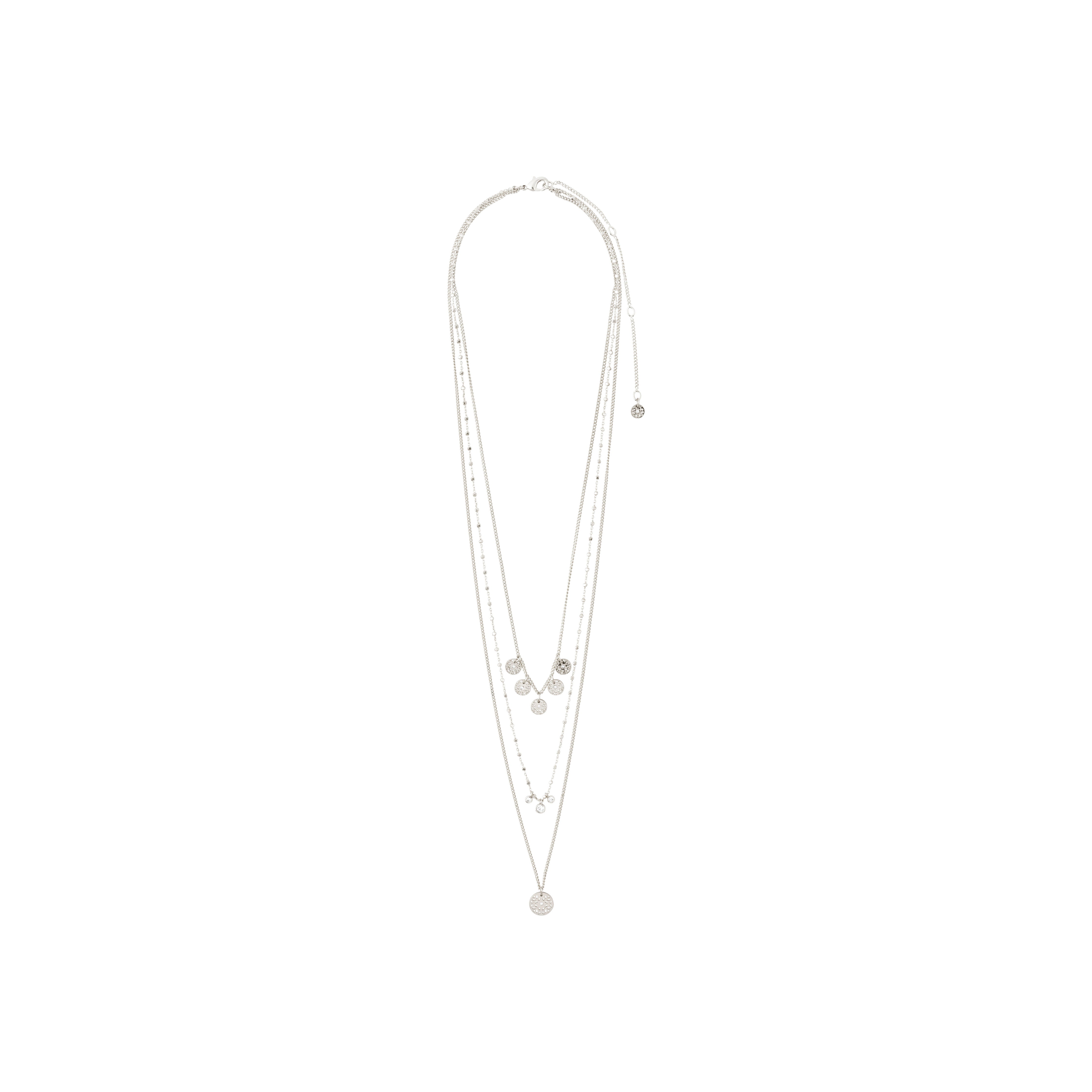 CAROL layered necklace 3-in-1 silver-plated, features small coins and crystals, perfect for creating a stylish, bohemian layered look with 40, 48, and 50 cm chains.