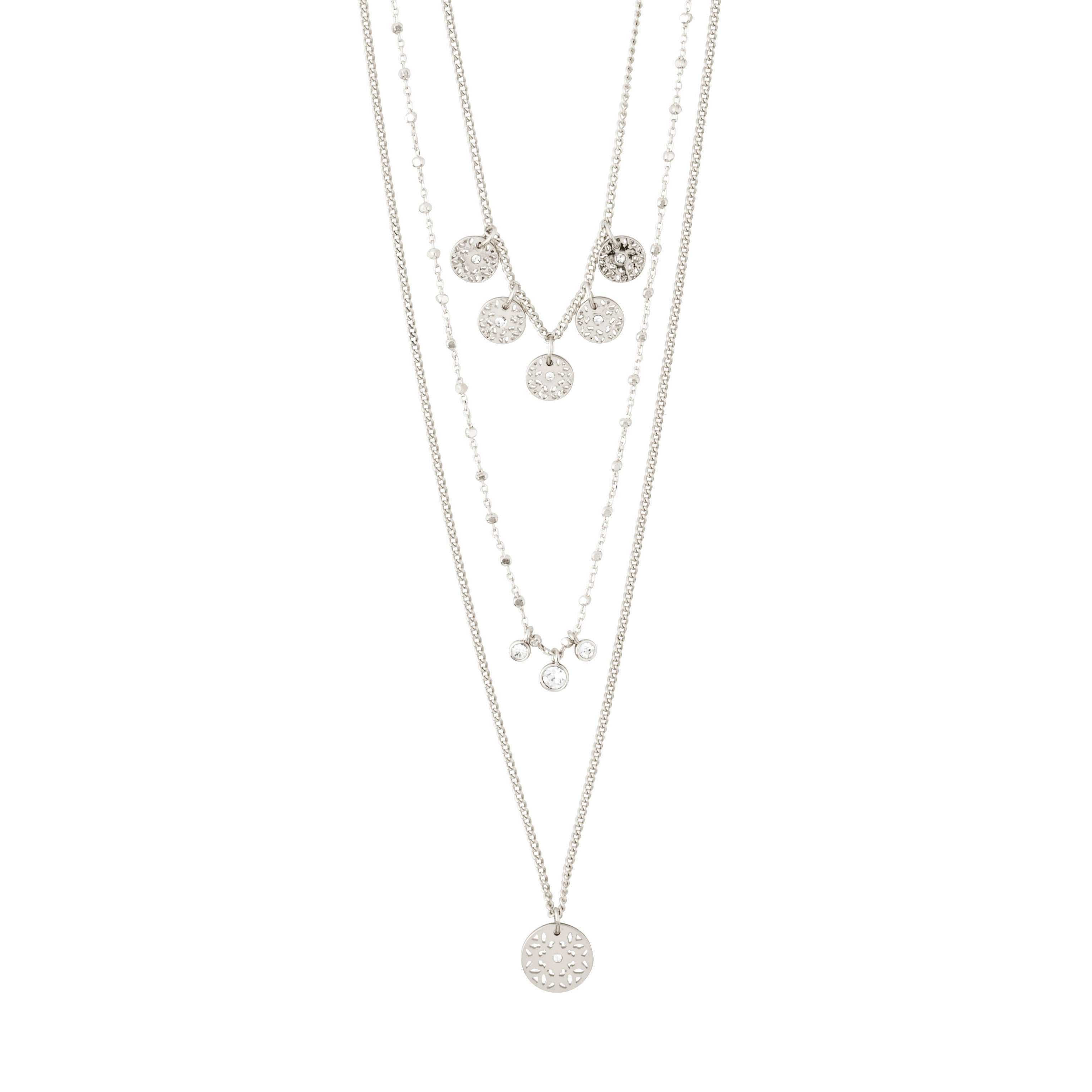 CAROL layered necklace 3-in-1 silver-plated featuring three chains with small coins and crystals, perfect for a stylish, feminine, and bohemian look.
