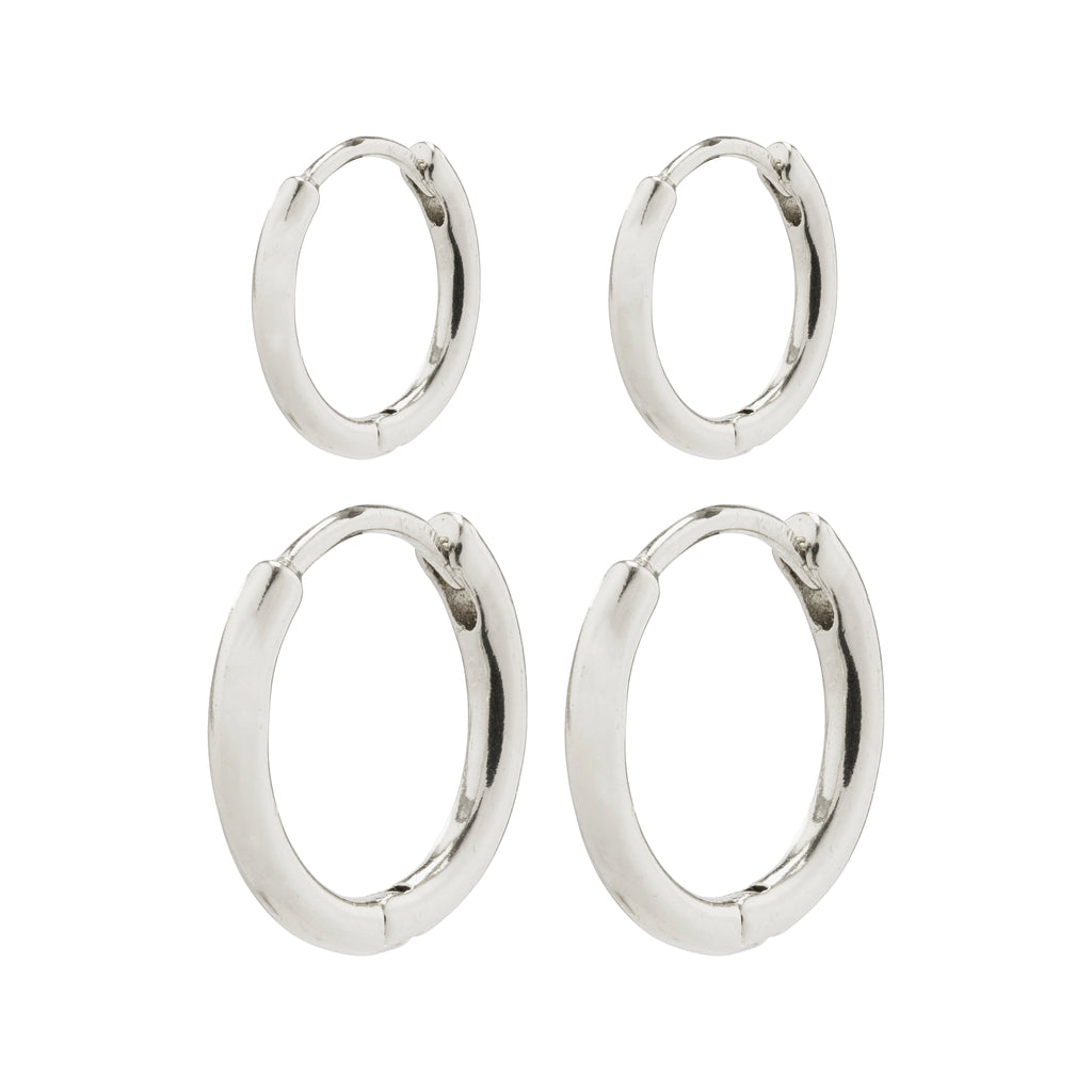 ARIELLA hoop earrings 2-in-1 set, silver-plated, featuring small, chunky huggie hoops with a shiny finish, perfect for enhancing casual styles.