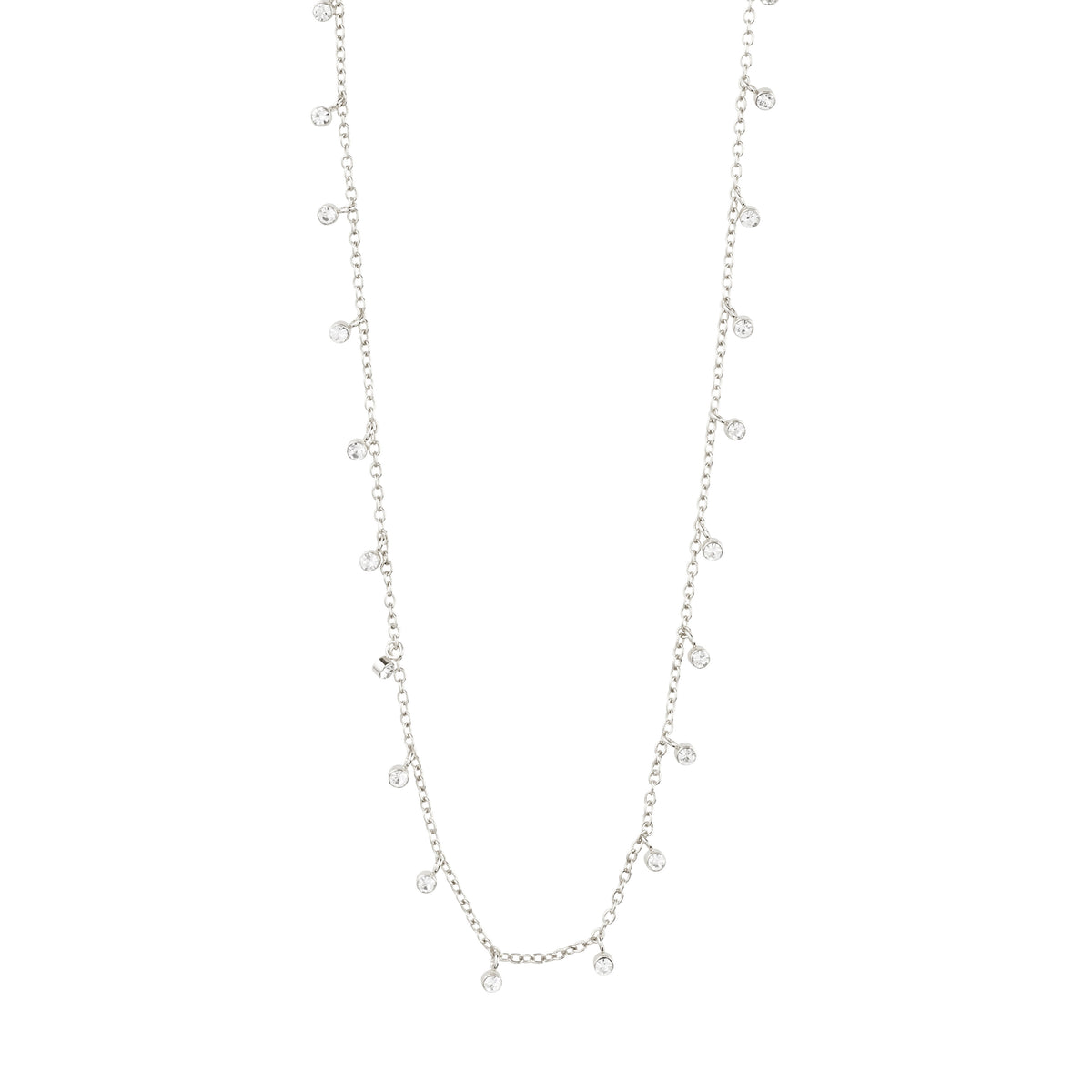 MAJA crystal multi drops necklace, silver-plated with delicate curb chain and crystal charms, perfect for layering and personal style, by Pilgrim.