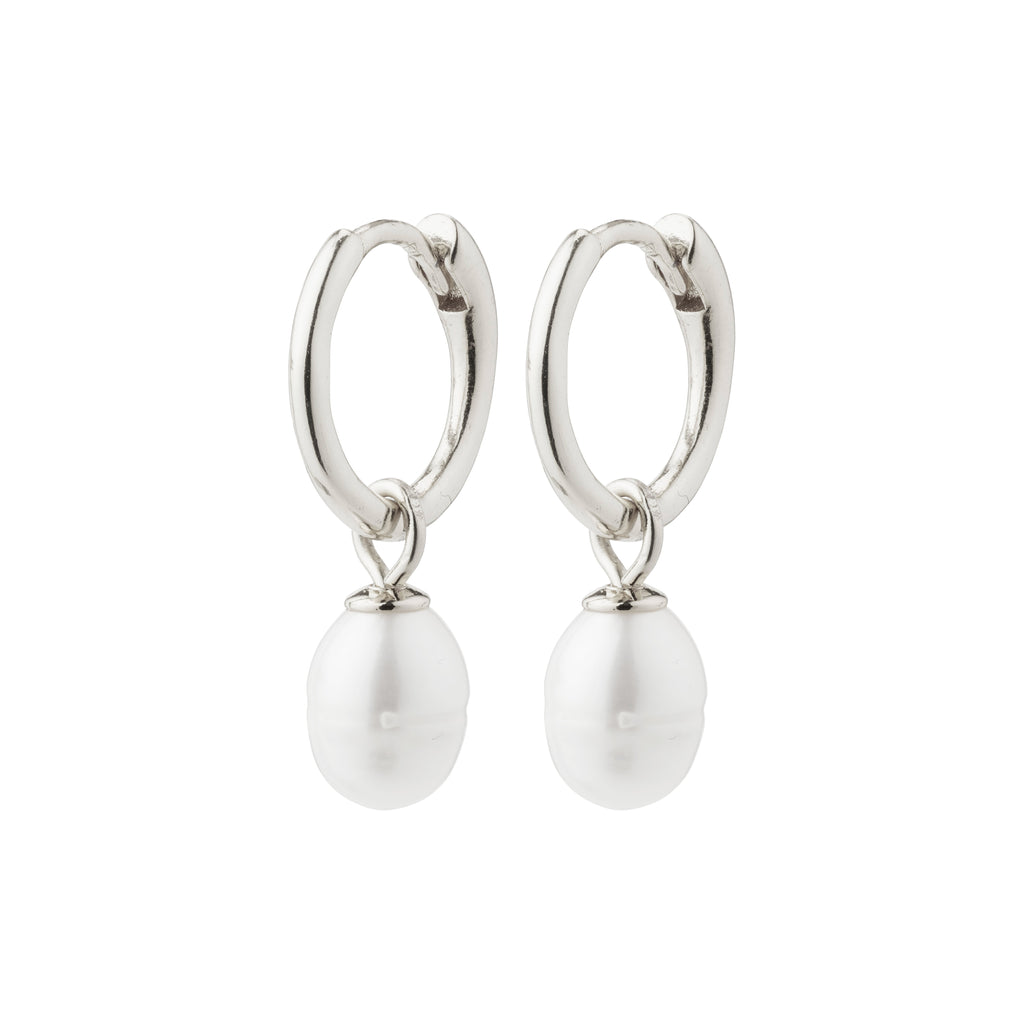 BERTHE pearl hoop earrings, silver-plated, featuring white freshwater pearl pendants, inspired by nature's elegance, embodying Pilgrim's Scandinavian jewelry craftsmanship.