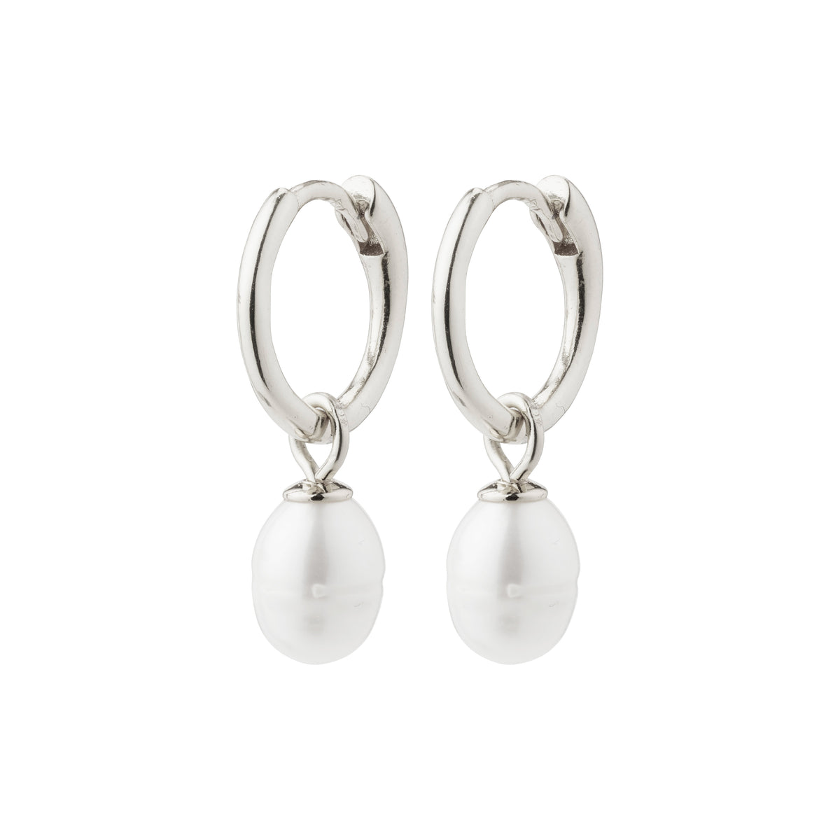 BERTHE pearl hoop earrings, silver-plated, featuring white freshwater pearl pendants, inspired by nature's elegance, embodying Pilgrim's Scandinavian jewelry craftsmanship.