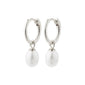 BERTHE pearl hoop earrings, silver-plated, featuring white freshwater pearl pendants, inspired by nature's elegance, embodying Pilgrim's Scandinavian jewelry craftsmanship.