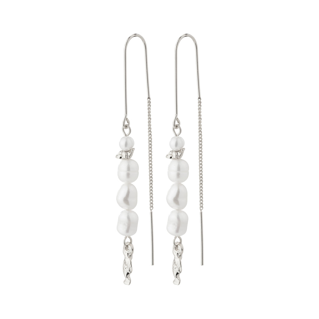 BERTHE pearl chain earrings, silver-plated, featuring long chains with genuine freshwater pearls, from Pilgrim's collection, showcasing elegance with organic design elements.
