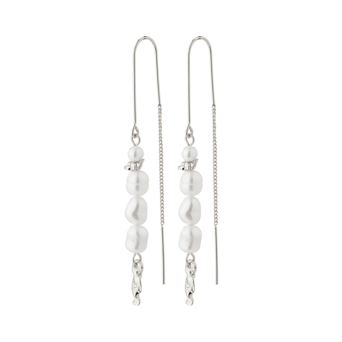BERTHE pearl chain earrings, silver-plated, featuring long chains with genuine freshwater pearls, from Pilgrim's collection, showcasing elegance with organic design elements.