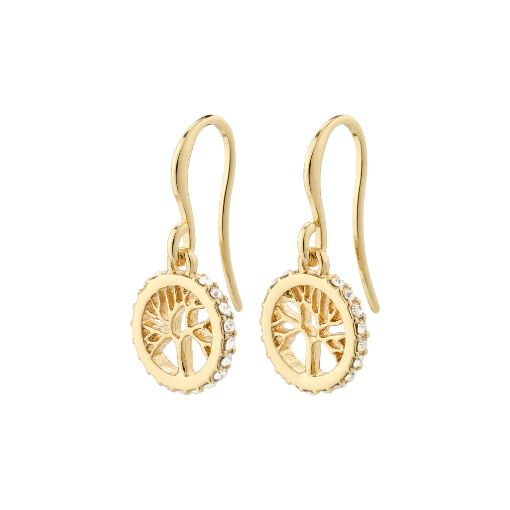 ALIA earrings gold-plated with circular pendants, featuring Preciosa crystals and Tree of Life carvings, symbolizing strength and connection. Timeless, handcrafted Danish jewelry.