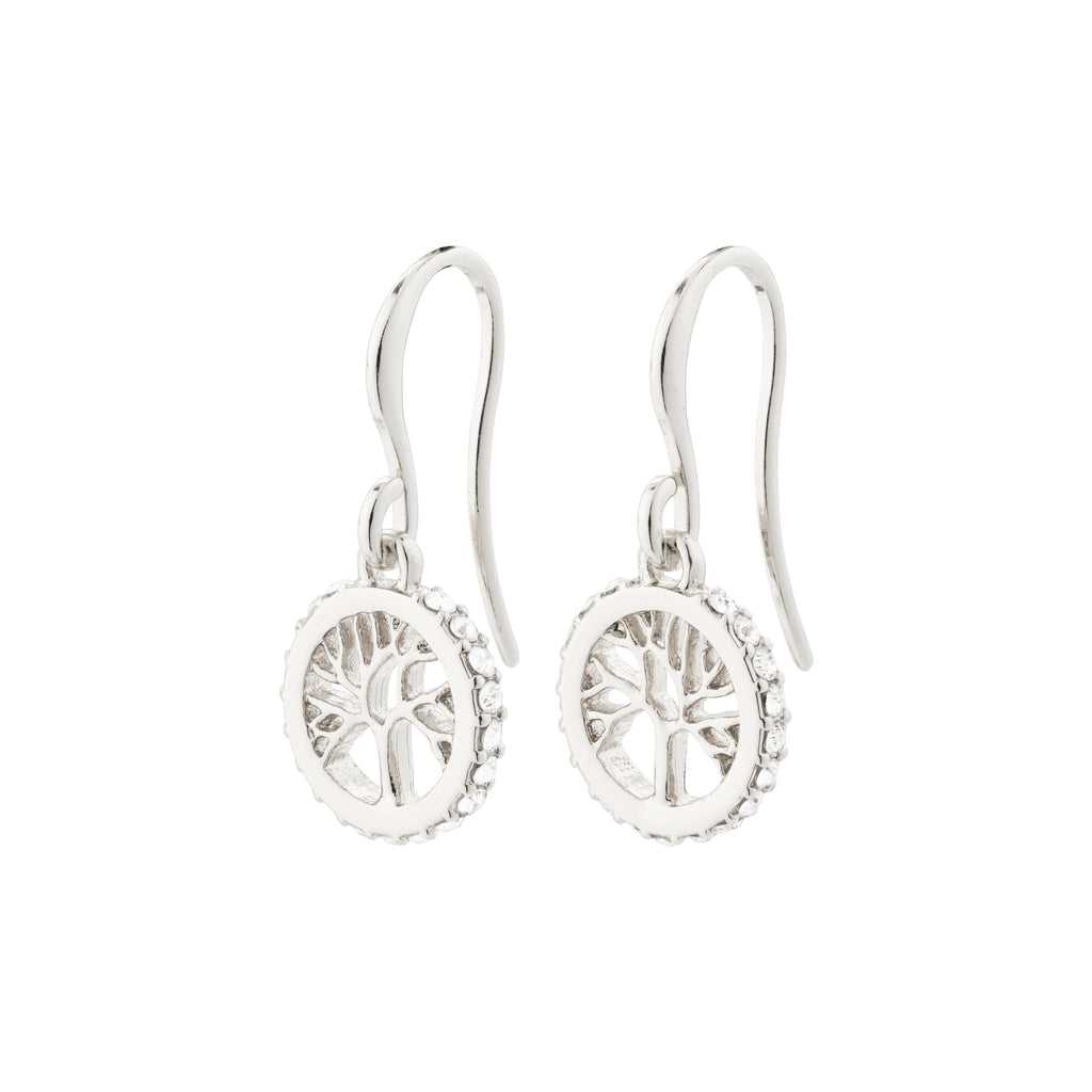 Silver-plated ALIA earrings featuring circular pendants with Tree of Life carvings and Preciosa crystals, symbolizing longevity and strength. Crafted with 95% recycled materials.