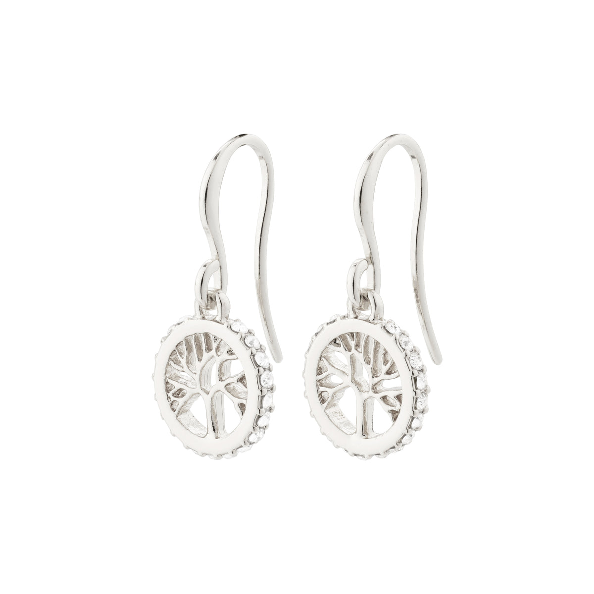 Silver-plated ALIA earrings featuring circular pendants with Tree of Life carvings and Preciosa crystals, symbolizing longevity and strength. Crafted with 95% recycled materials.